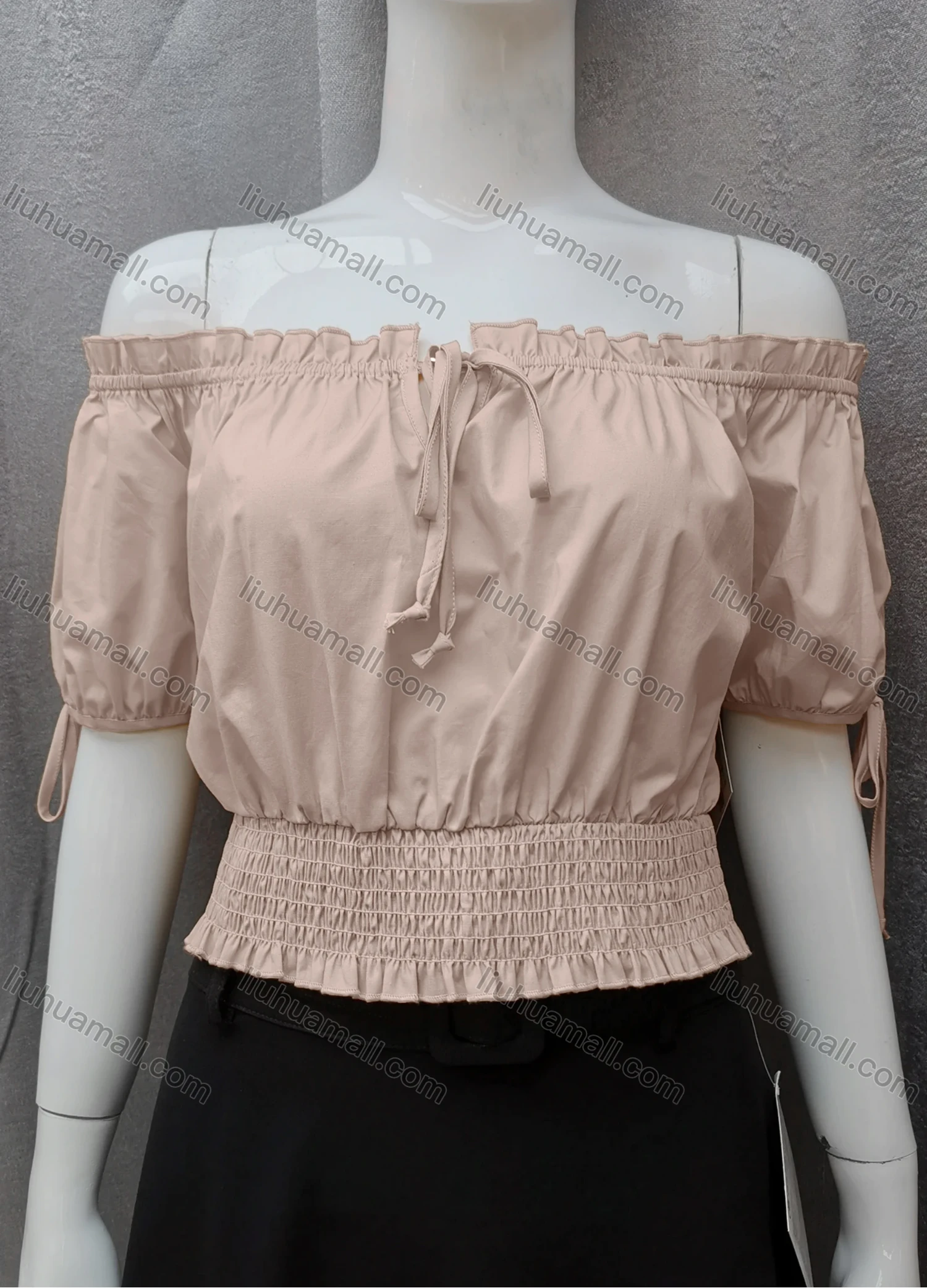Wholesale Women's Casual Shirred Off Shoulder Ruffle Trim Tie Front Plain Crop Blouse FL2025# - Liuhuamall