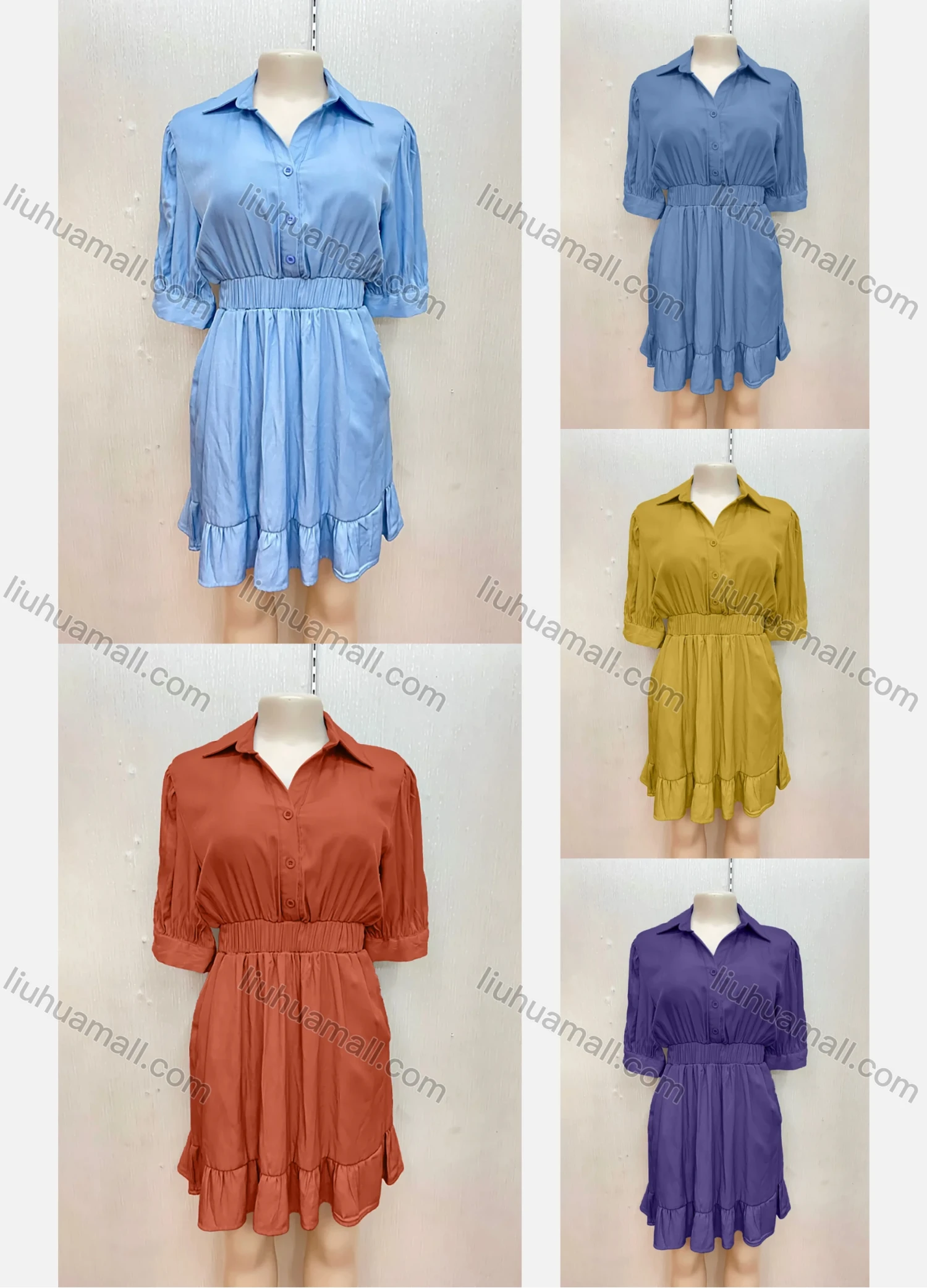 Wholesale Women's Casual Buttons Elastic Waist Ruched Layered Hem Plain Shirt Dress - Liuhuamall