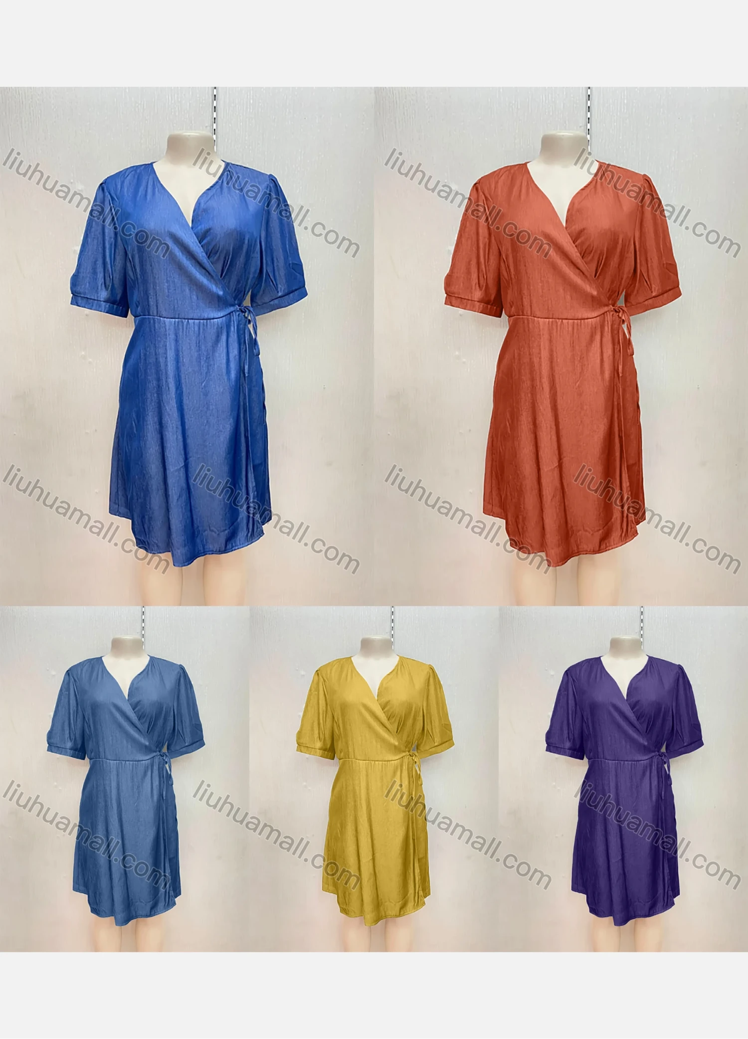 Wholesale Women's Casual Wrap V Neck Lace Up Plain Short Dress - Liuhuamall