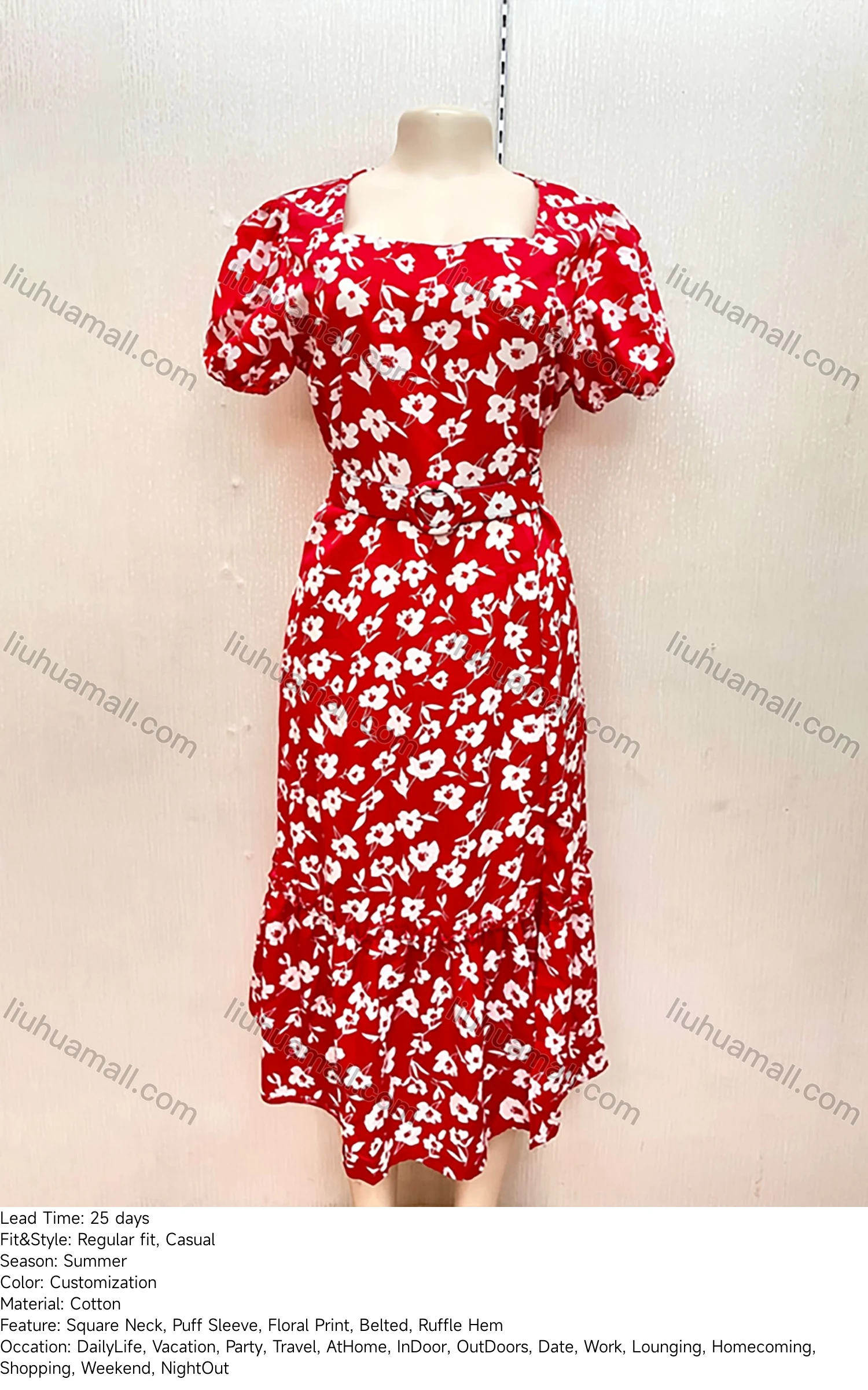 Wholesale Women's Casual Square Neck Neck Floral Print Belted Ruffle Hem Midi Dress With Belt - Liuhuamall
