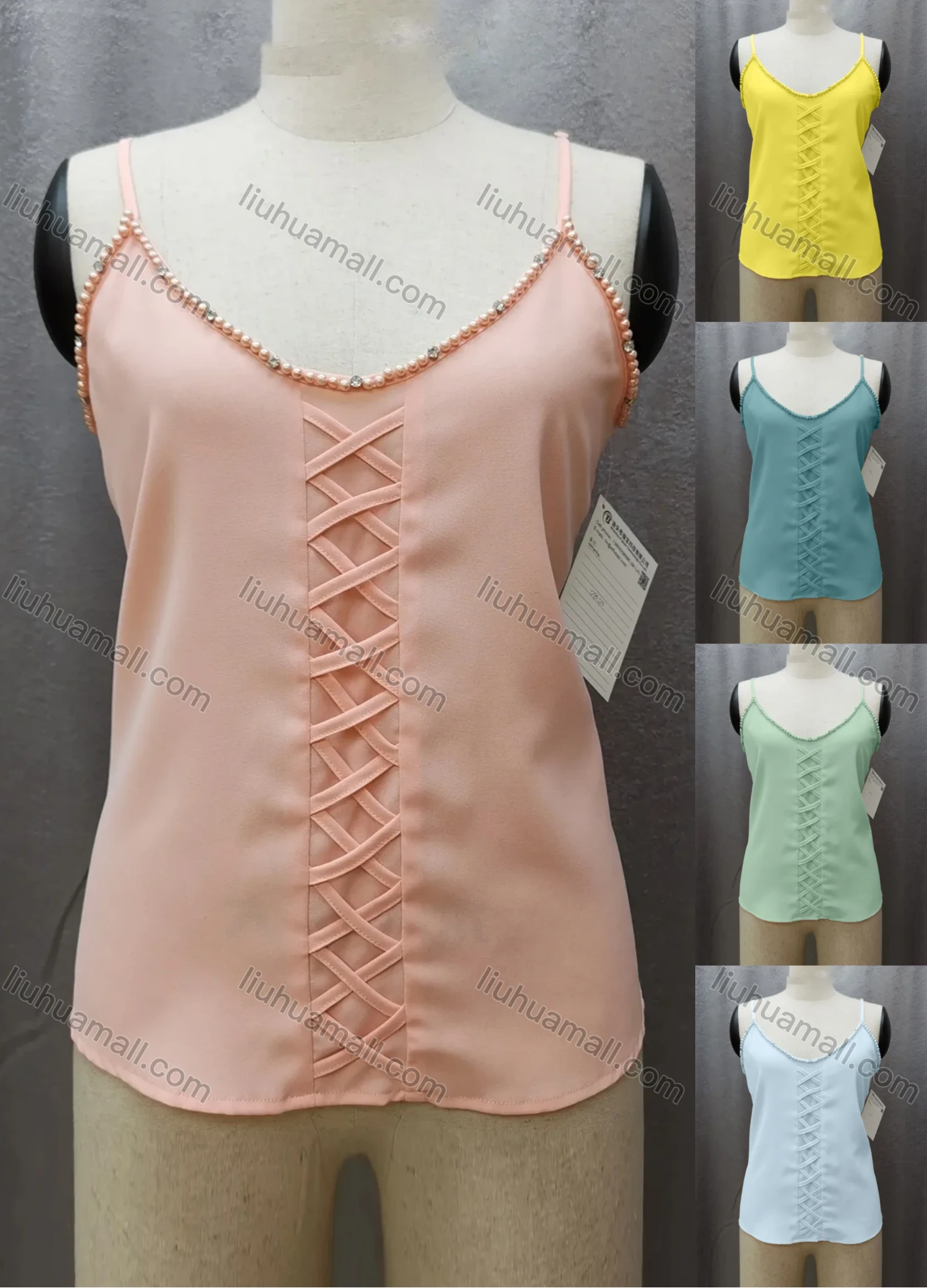 Wholesale Women's Casual Spaghetti Strap Pearl Decor Criss Cross Plain Cami Top FL2036# - Liuhuamall