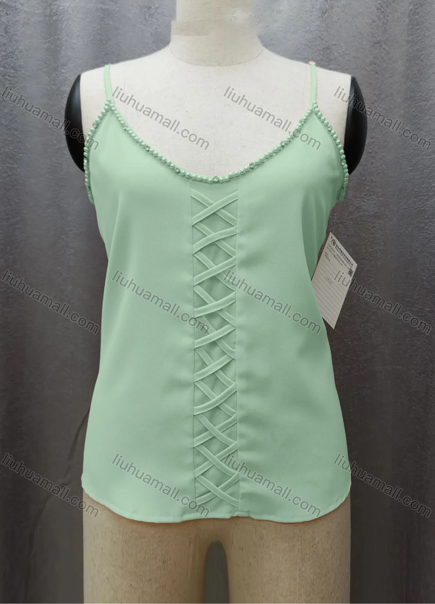 Wholesale Women's Casual Spaghetti Strap Pearl Decor Criss Cross Plain Cami Top FL2036# - Liuhuamall