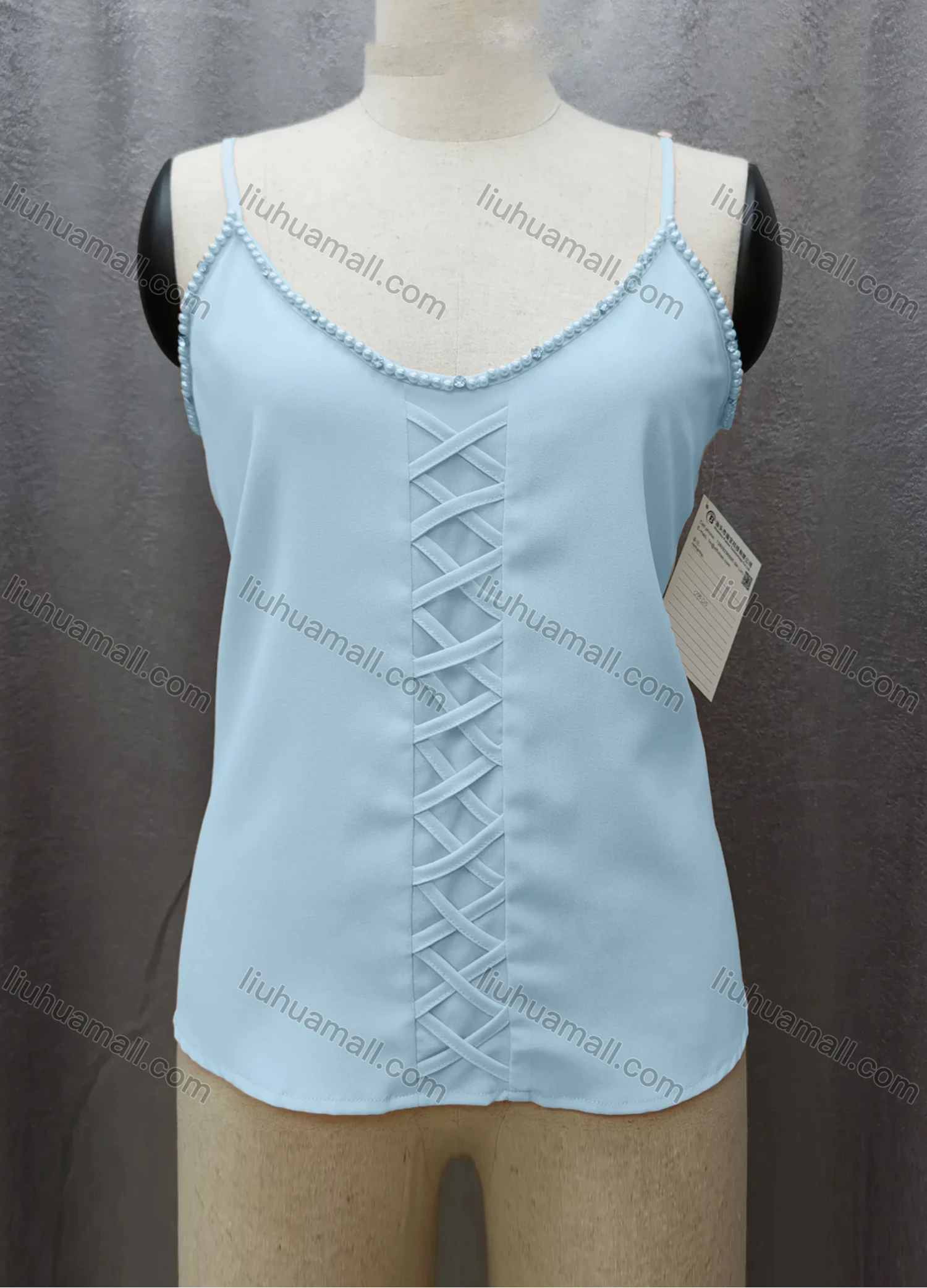 Wholesale Women's Casual Spaghetti Strap Pearl Decor Criss Cross Plain Cami Top FL2036# - Liuhuamall