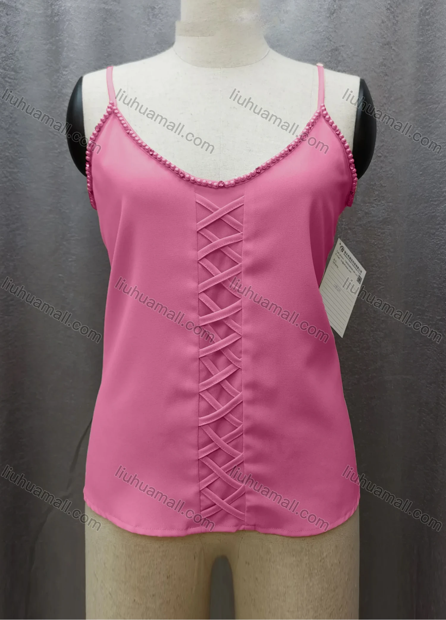 Wholesale Women's Casual Spaghetti Strap Pearl Decor Criss Cross Plain Cami Top FL2036# - Liuhuamall