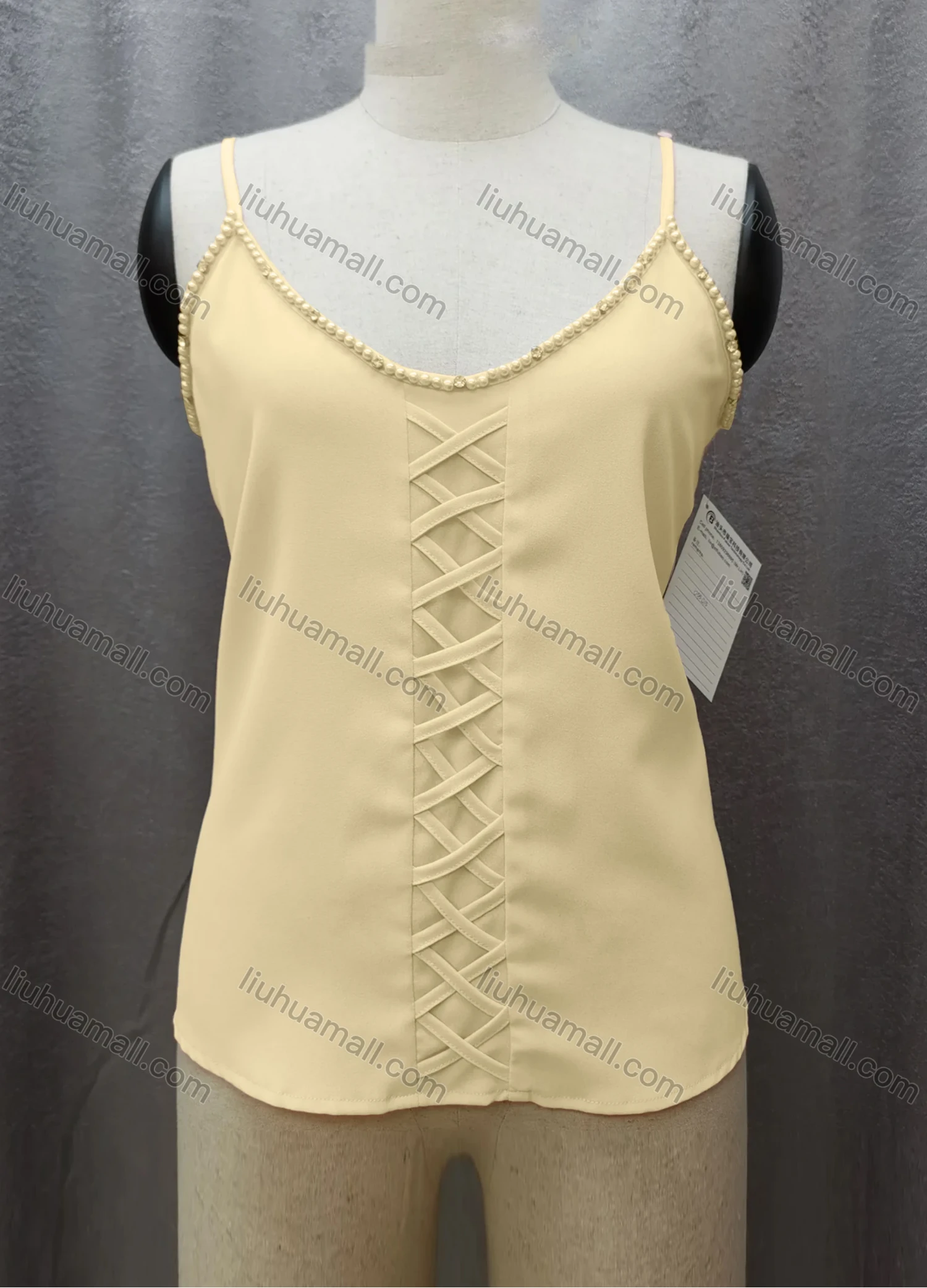 Wholesale Women's Casual Spaghetti Strap Pearl Decor Criss Cross Plain Cami Top FL2036# - Liuhuamall