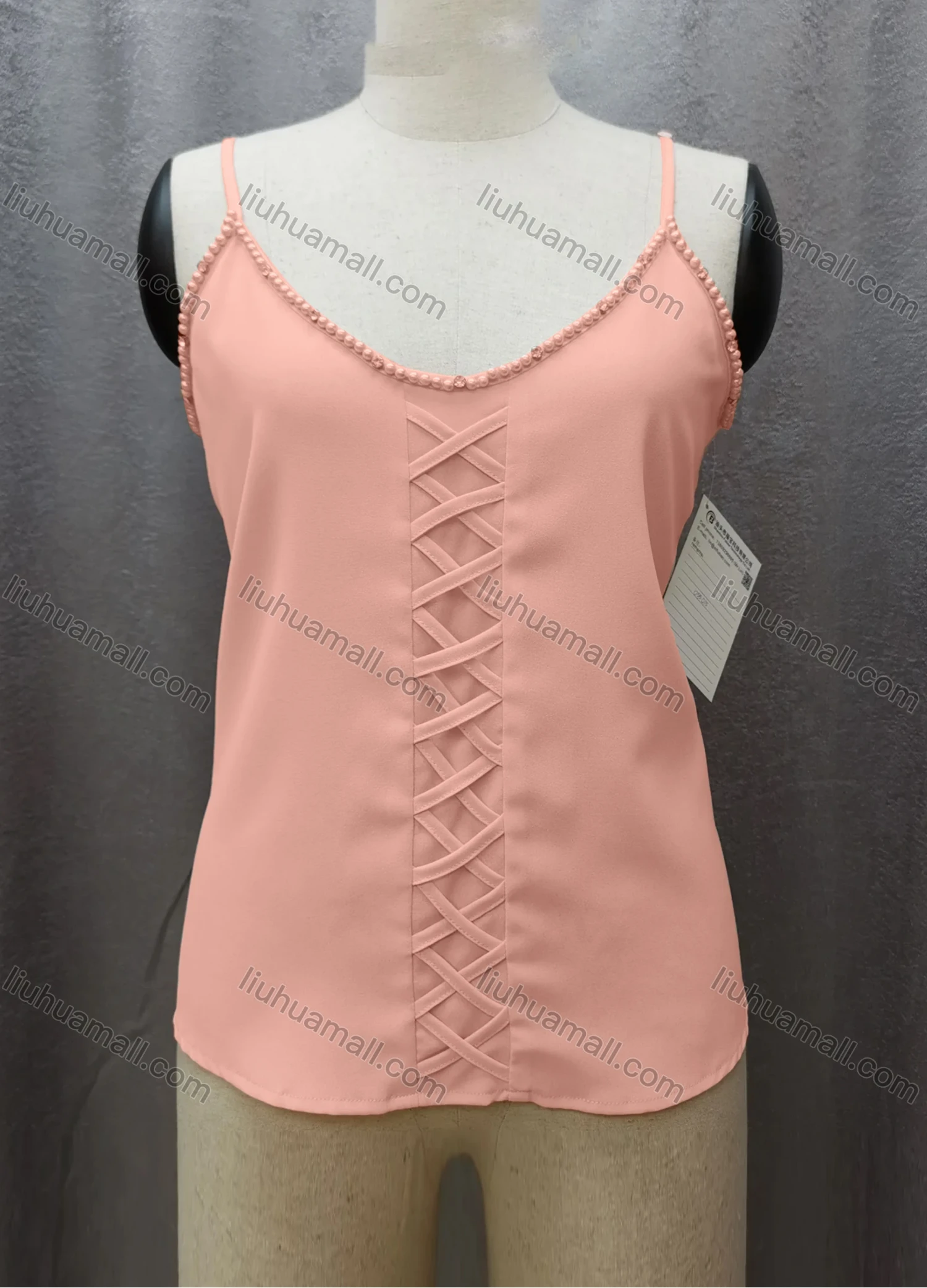 Wholesale Women's Casual Spaghetti Strap Pearl Decor Criss Cross Plain Cami Top FL2036# - Liuhuamall