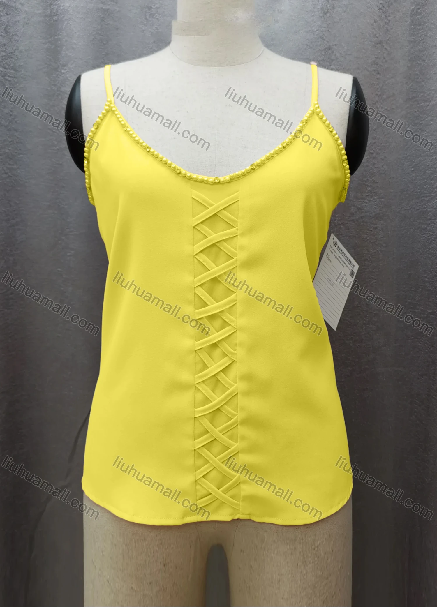 Wholesale Women's Casual Spaghetti Strap Pearl Decor Criss Cross Plain Cami Top FL2036# - Liuhuamall