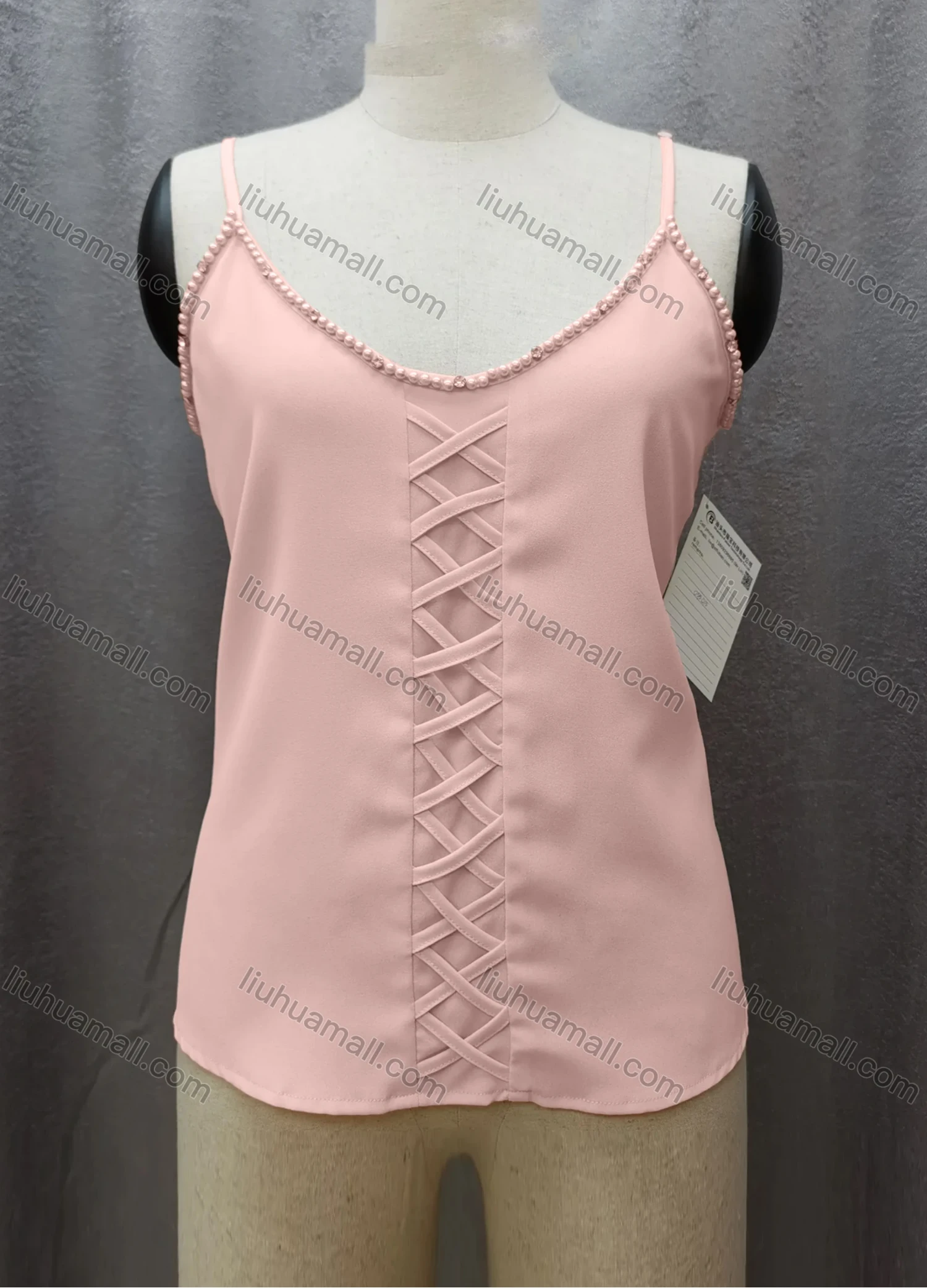 Wholesale Women's Casual Spaghetti Strap Pearl Decor Criss Cross Plain Cami Top FL2036# - Liuhuamall