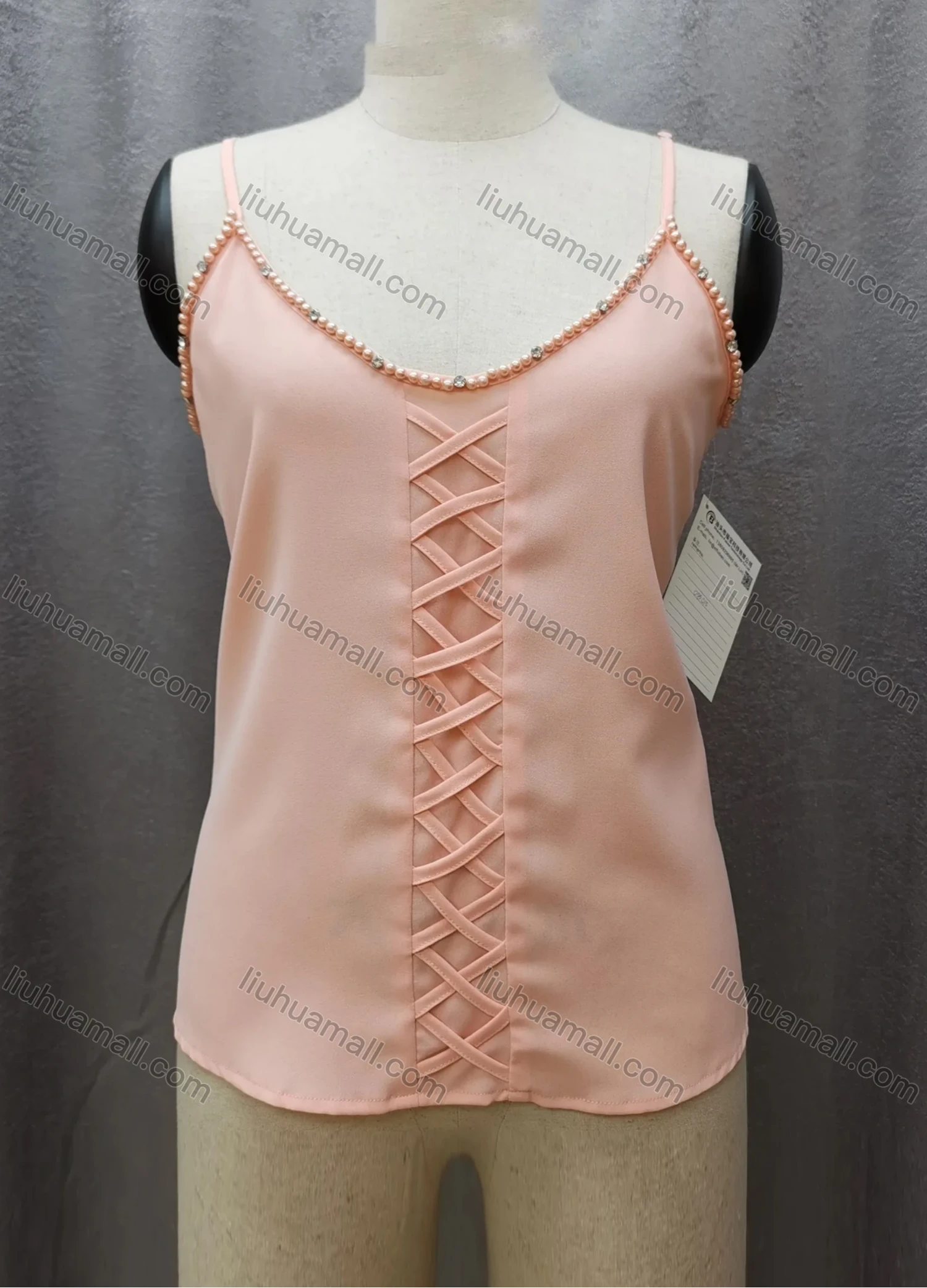 Wholesale Women's Casual Spaghetti Strap Pearl Decor Criss Cross Plain Cami Top FL2036# - Liuhuamall