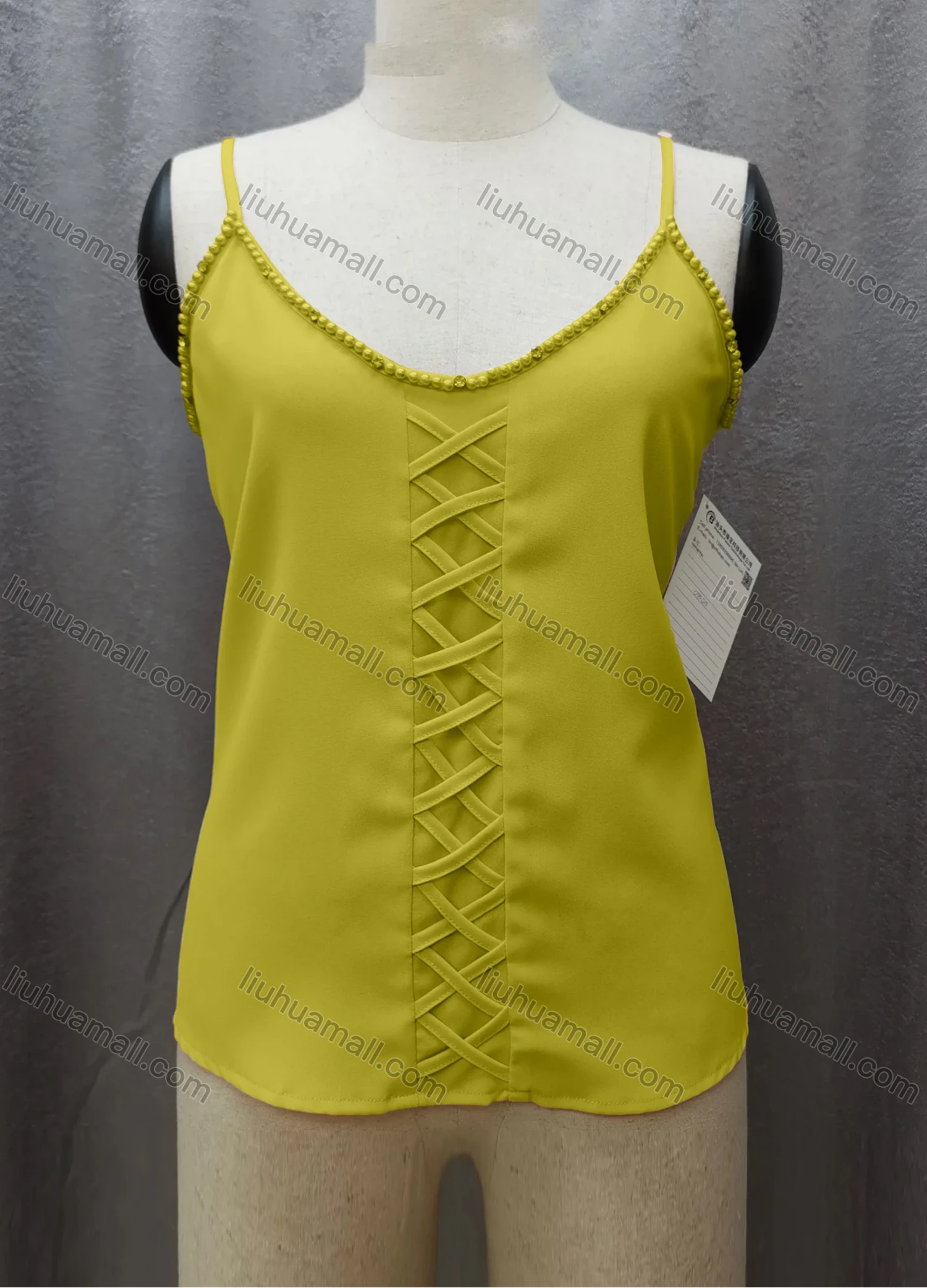 Wholesale Women's Casual Spaghetti Strap Pearl Decor Criss Cross Plain Cami Top FL2036# - Liuhuamall