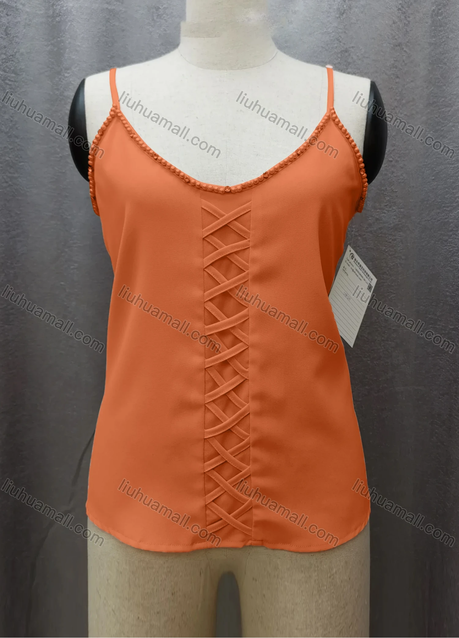 Wholesale Women's Casual Spaghetti Strap Pearl Decor Criss Cross Plain Cami Top FL2036# - Liuhuamall
