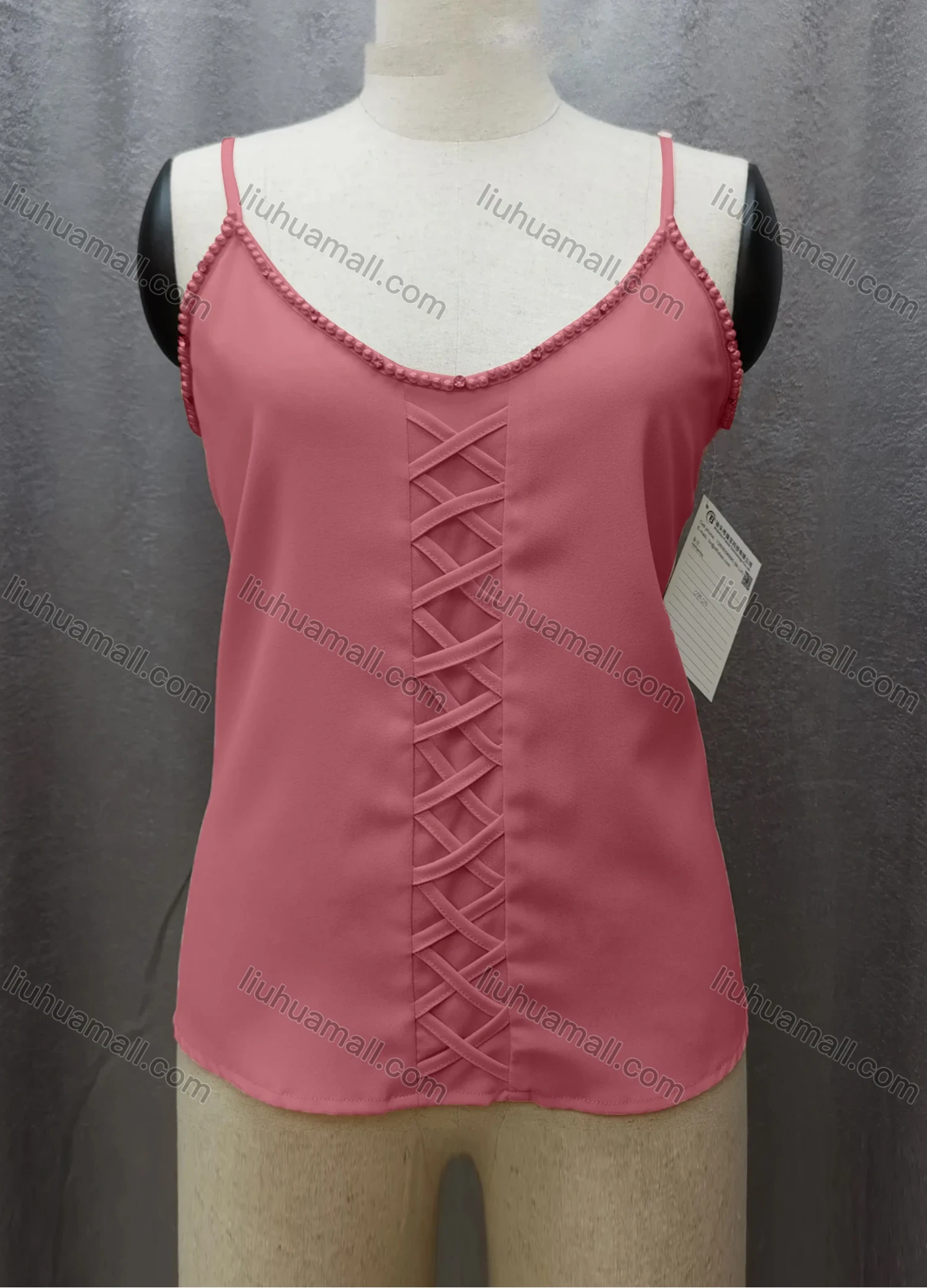 Wholesale Women's Casual Spaghetti Strap Pearl Decor Criss Cross Plain Cami Top FL2036# - Liuhuamall