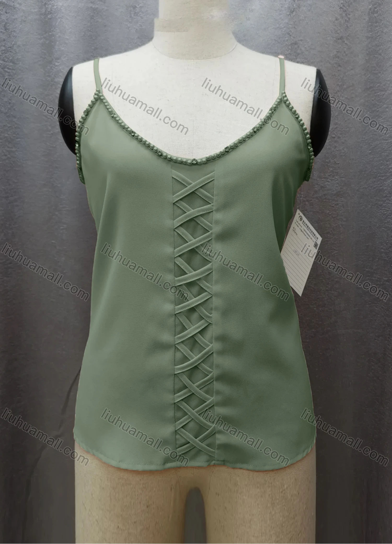 Wholesale Women's Casual Spaghetti Strap Pearl Decor Criss Cross Plain Cami Top FL2036# - Liuhuamall