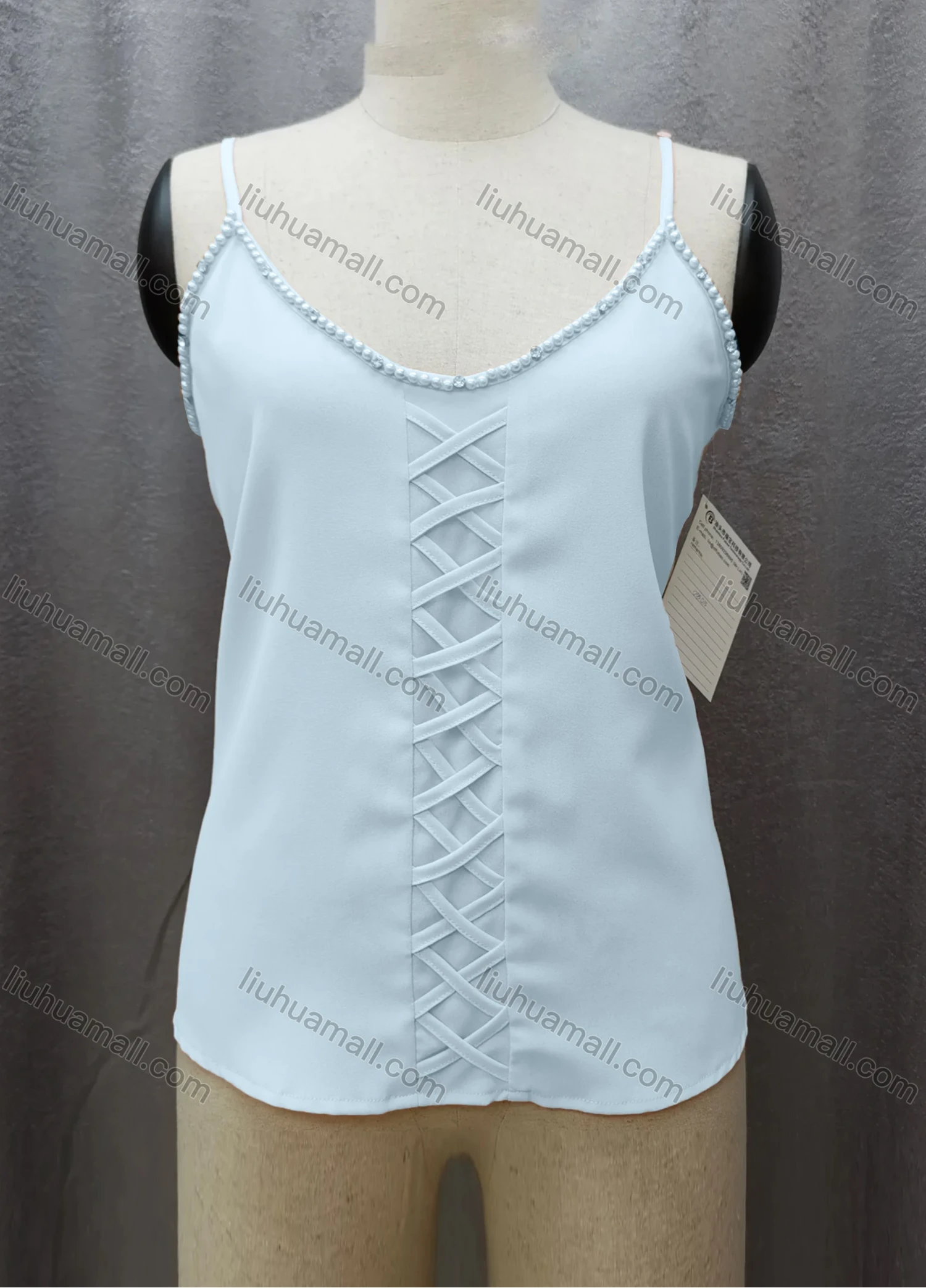Wholesale Women's Casual Spaghetti Strap Pearl Decor Criss Cross Plain Cami Top FL2036# - Liuhuamall