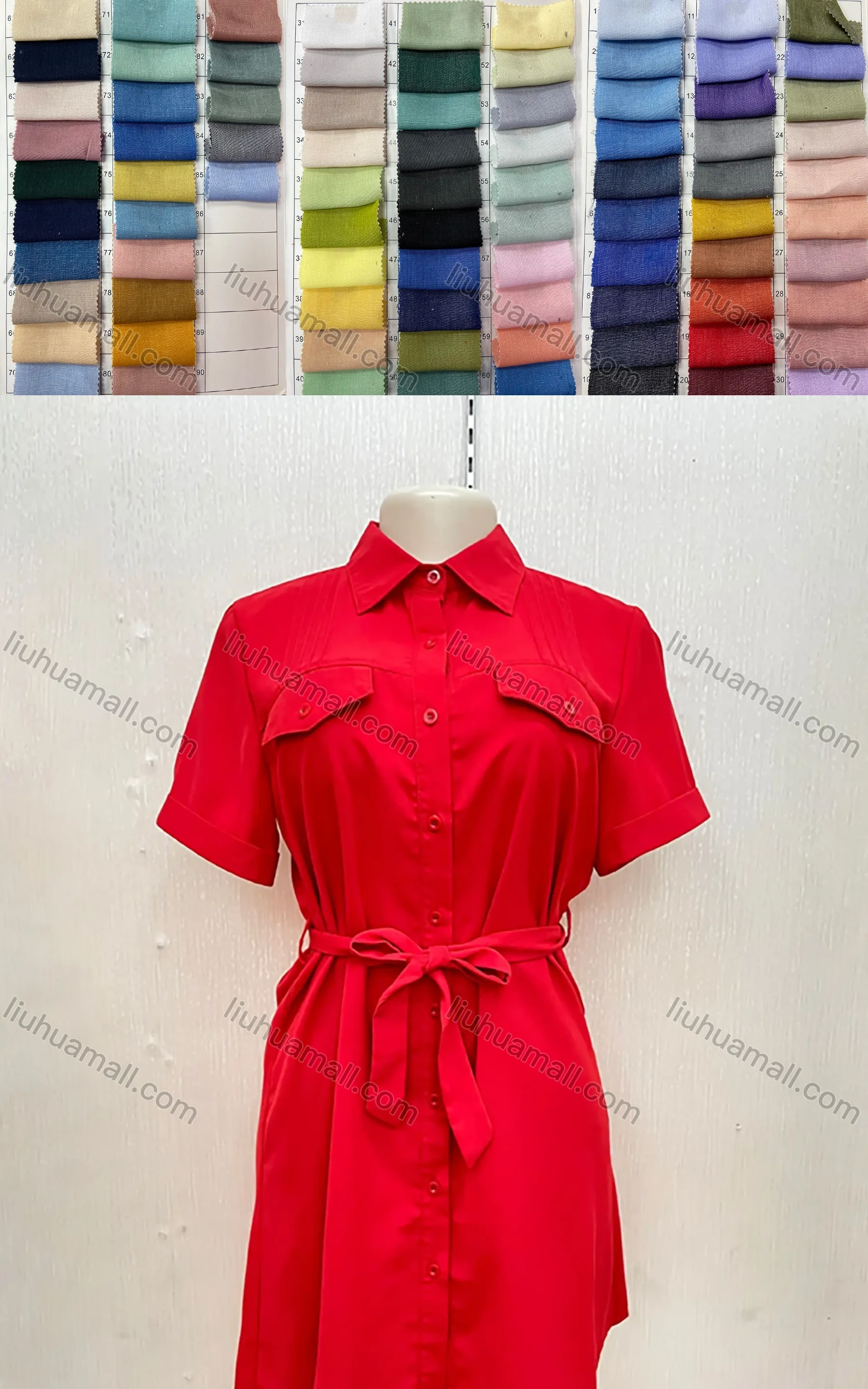 Wholesale Women's Collared Button Down Short Sleeve Plain Shirt Dress With Belt - Liuhuamall
