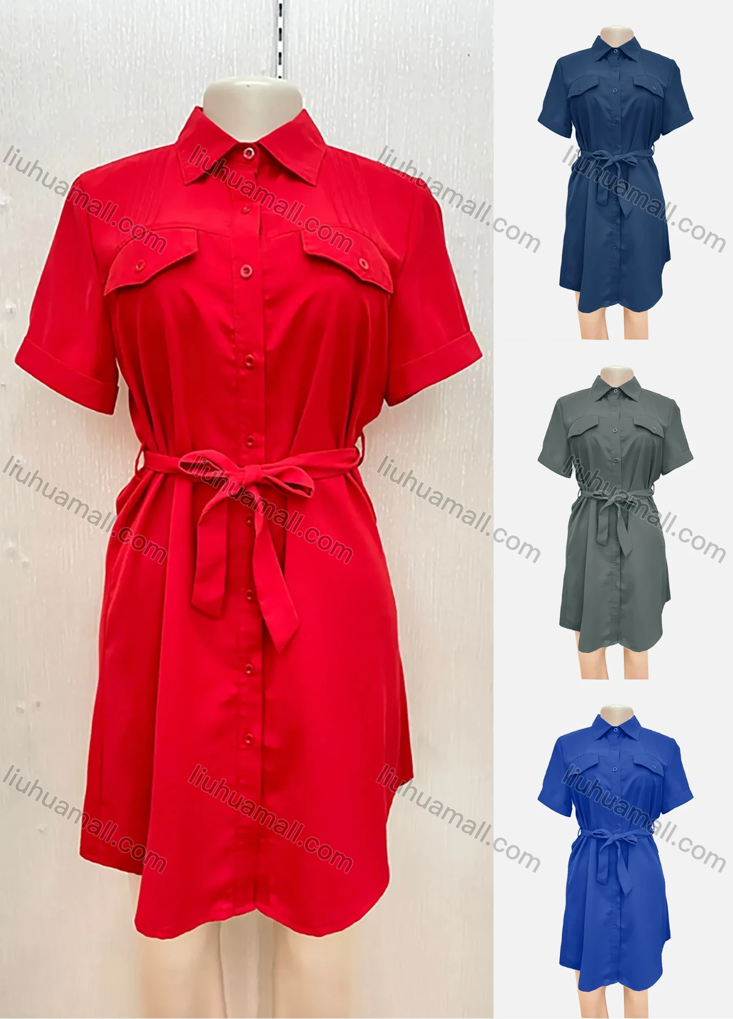 Wholesale Women's Collared Button Down Short Sleeve Plain Shirt Dress With Belt - Liuhuamall