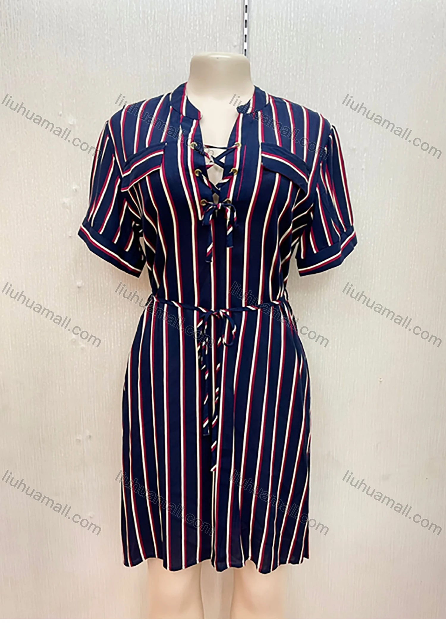 Wholesale Women's Casual Notched-neck Short Sleeve Lace Up Striped Short Dress With Belt - Liuhuamall