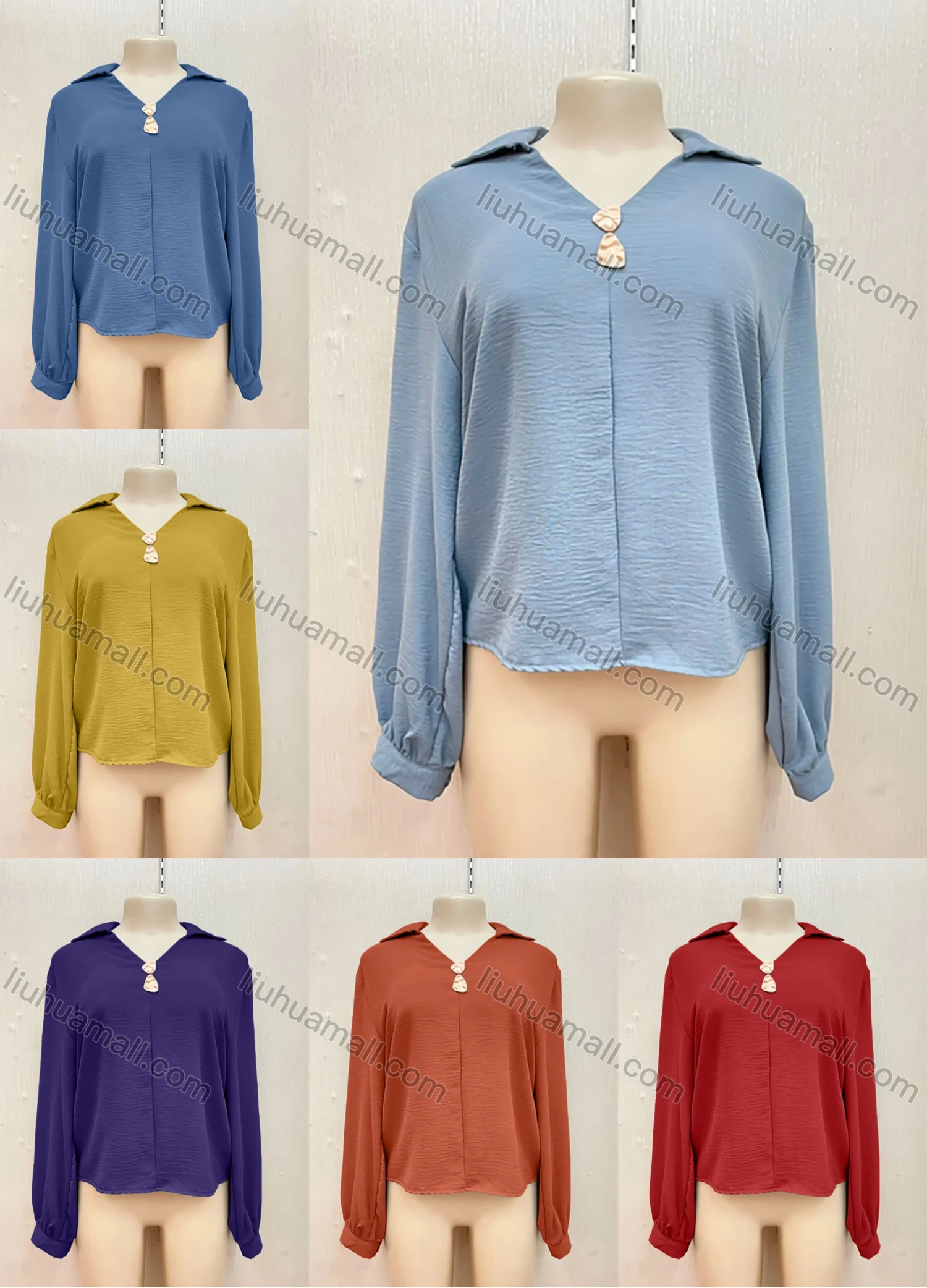 Wholesale Women's Casual Turn-down Collar Long Sleeve Plain Blouse - Liuhuamall