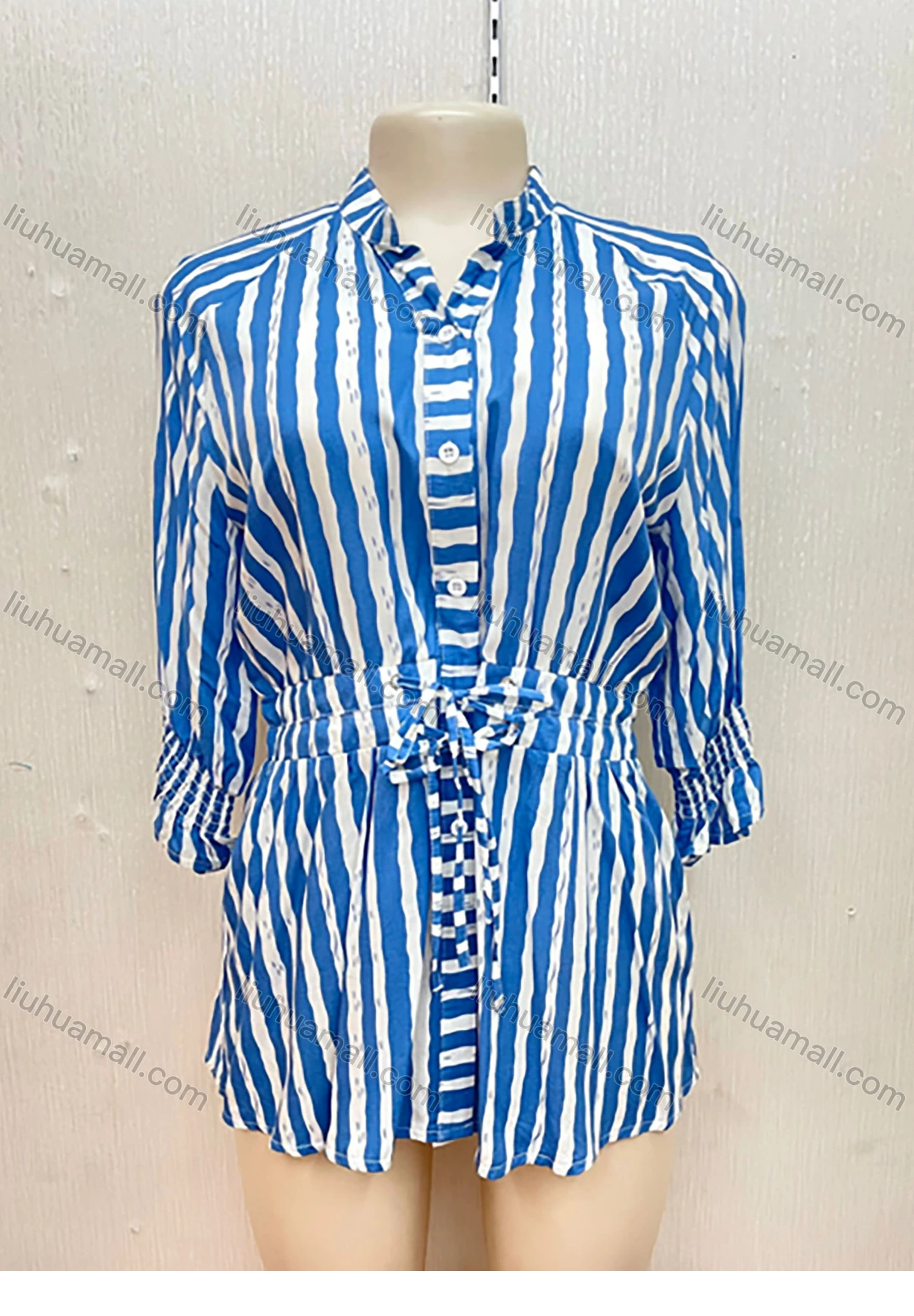 Wholesale Women's Stand Collar Buttons Front Drawstring 3/4 Sleeve Striped Short Shirt Dress - Liuhuamall