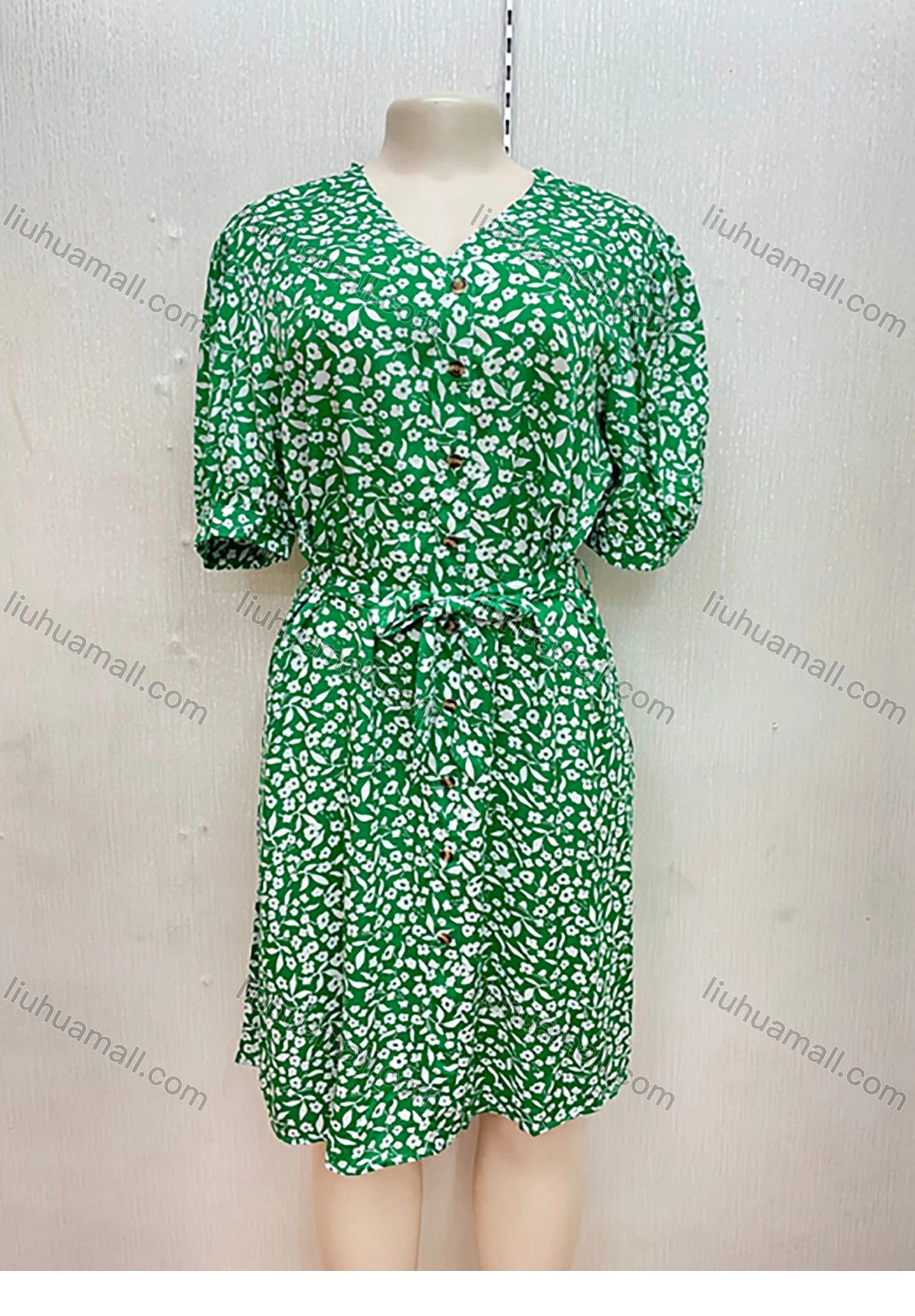 Wholesale Women's Casual V-neck Peasant Sleeve Buttons Down Floral Print Short Dress With Belt - Liuhuamall