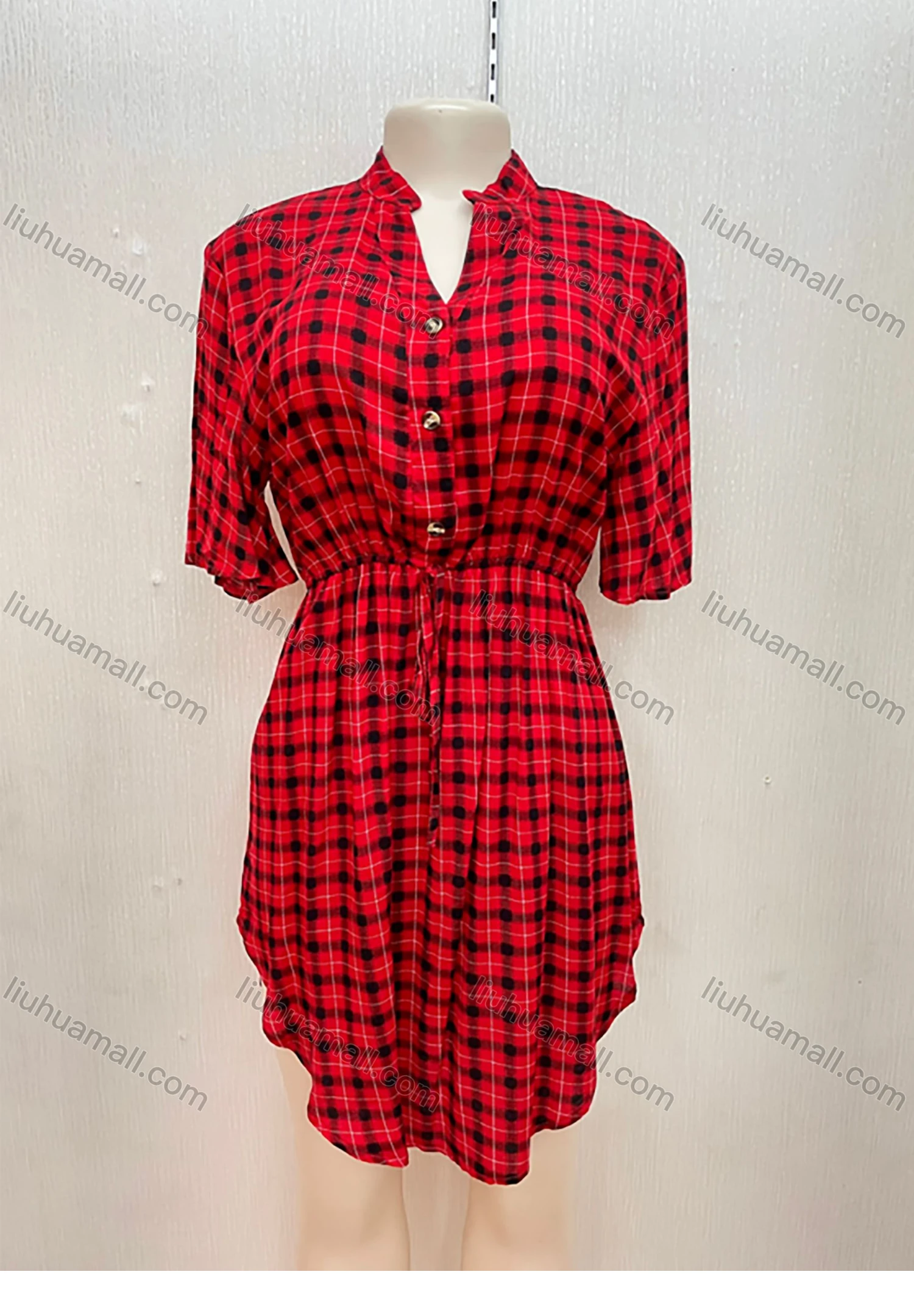 Wholesale Women's Stand Collar Drawstring Gingham Ruffle Curved Hem Short Dress - Liuhuamall