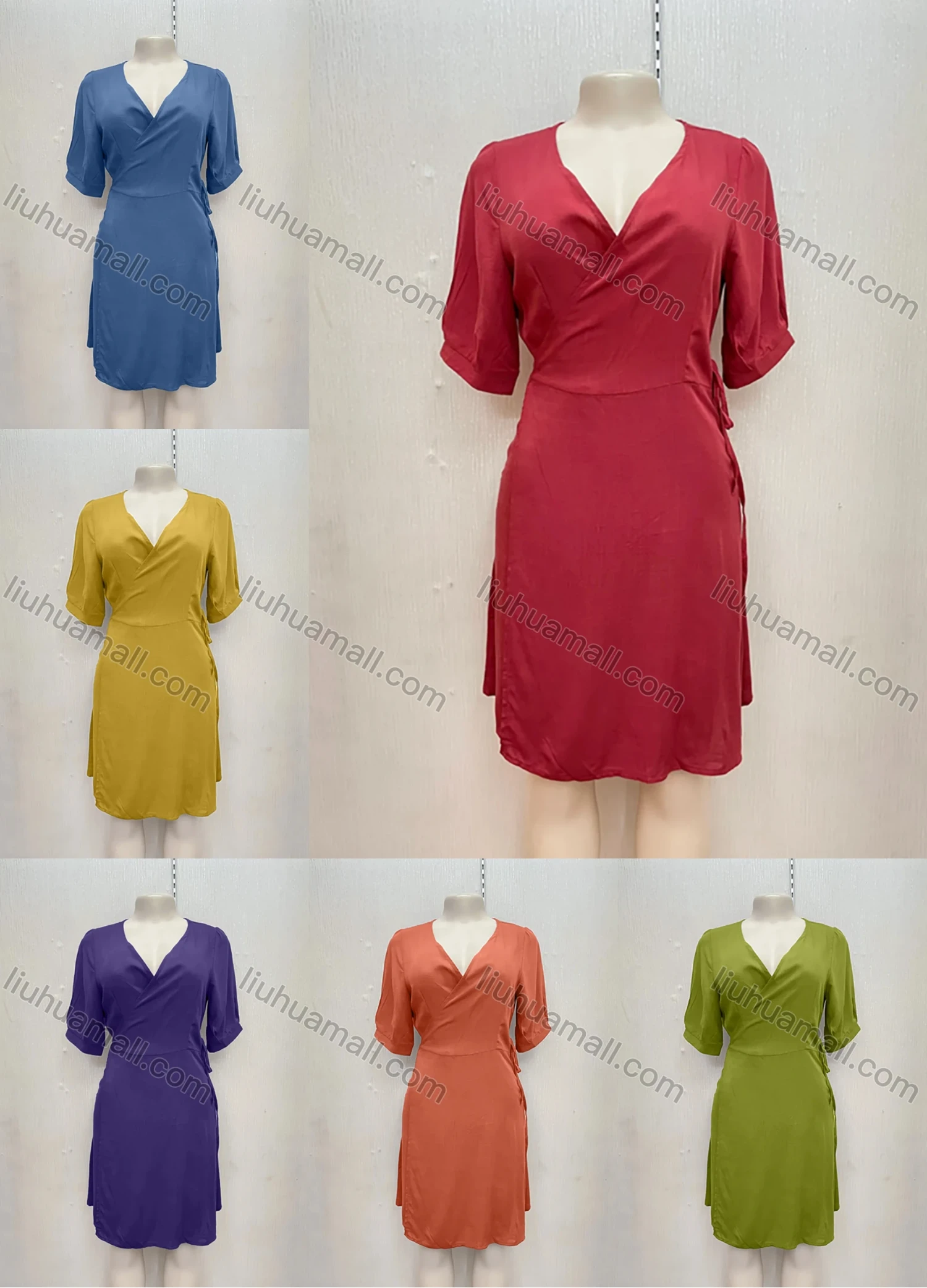 Wholesale Women's Casual V Neck Wrap Lace Up Side Slit Short Dress - Liuhuamall