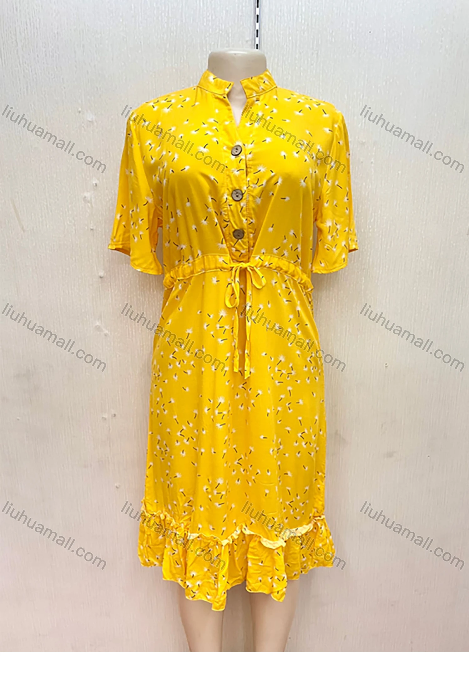 Wholesale Women's Stand Collar Buttons Front Drawstring Allover Print Ruffle Hem Midi Dress - Liuhuamall