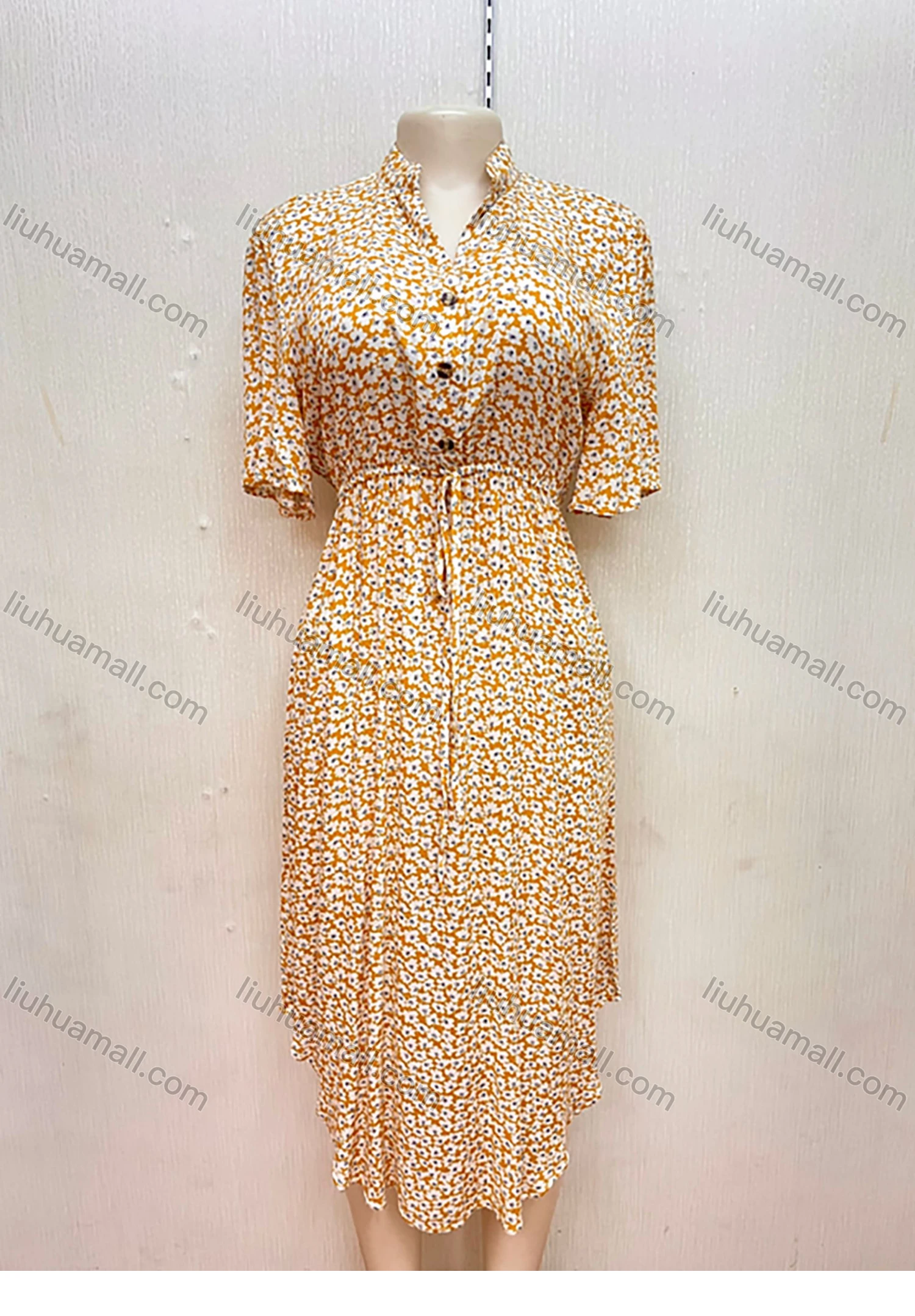 Wholesale Women's Casual Turn-down Collar Buttons Front Drawstring Floral Print Ruffle Curved Hem Midi Dress - Liuhuamall