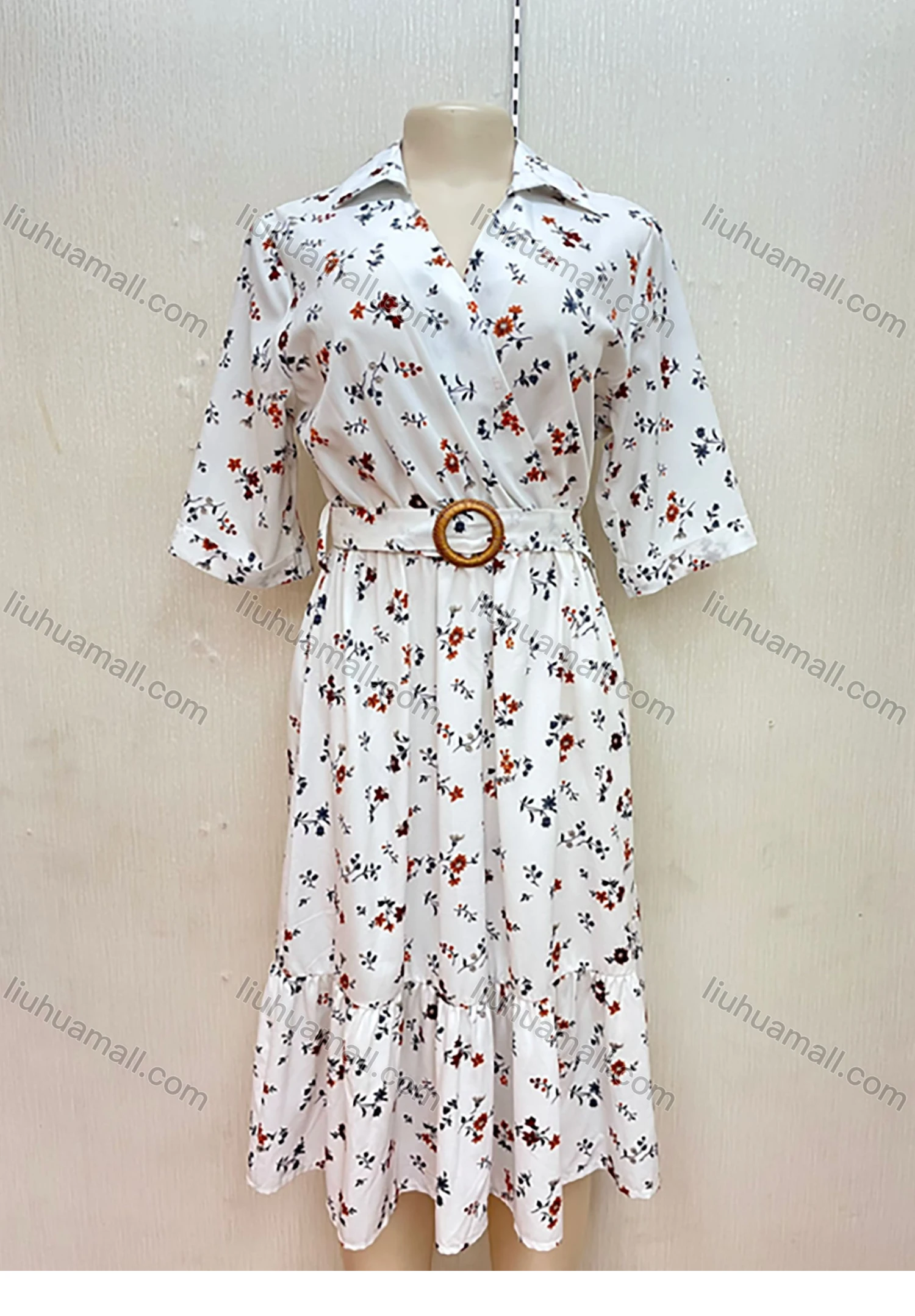 Wholesale Women's Casual V-Neck Floral Print Lace Up Ruffle Hem Midi Dress - Liuhuamall