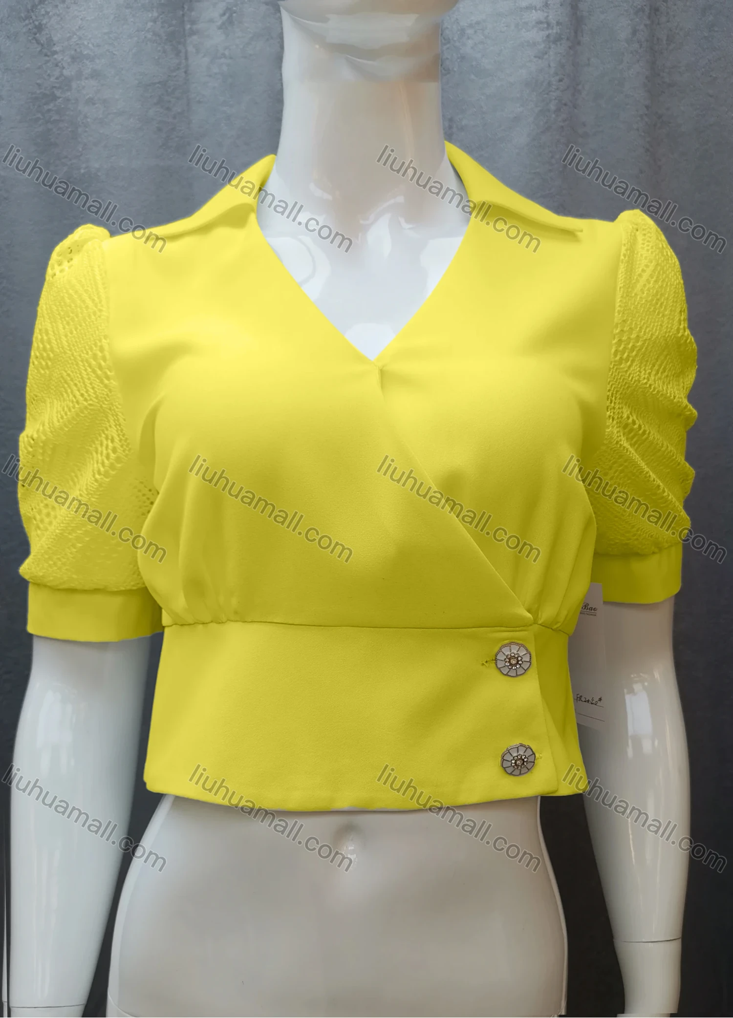 Wholesale Women's Casual Plain Guipure Lace Ruched Collared Button Front Crop Blouse FR2040# - Liuhuamall