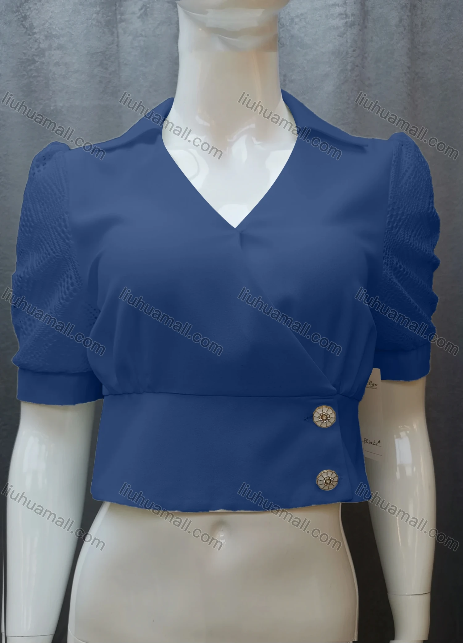 Wholesale Women's Casual Plain Guipure Lace Ruched Collared Button Front Crop Blouse FR2040# - Liuhuamall