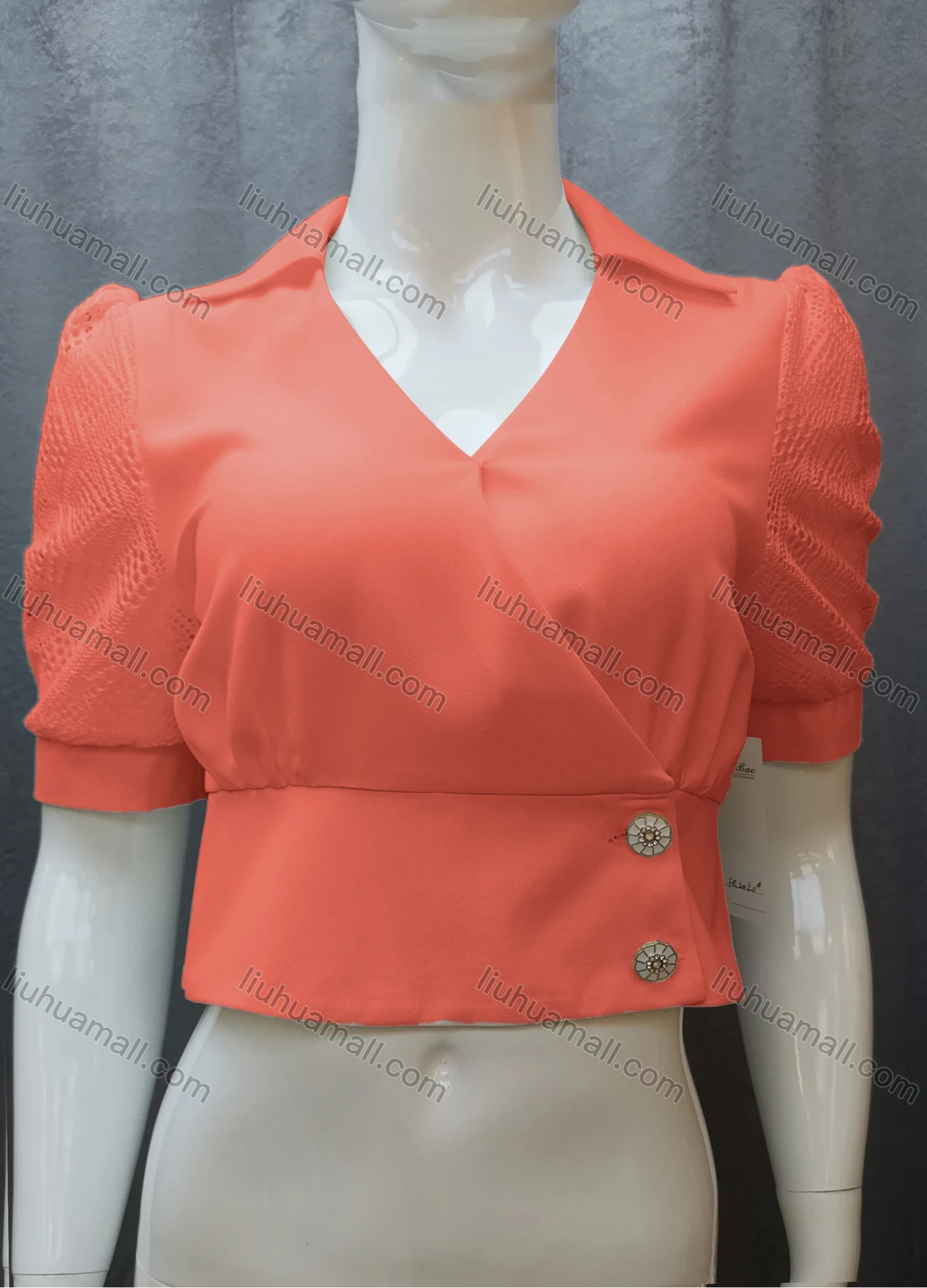 Wholesale Women's Casual Plain Guipure Lace Ruched Collared Button Front Crop Blouse FR2040# - Liuhuamall