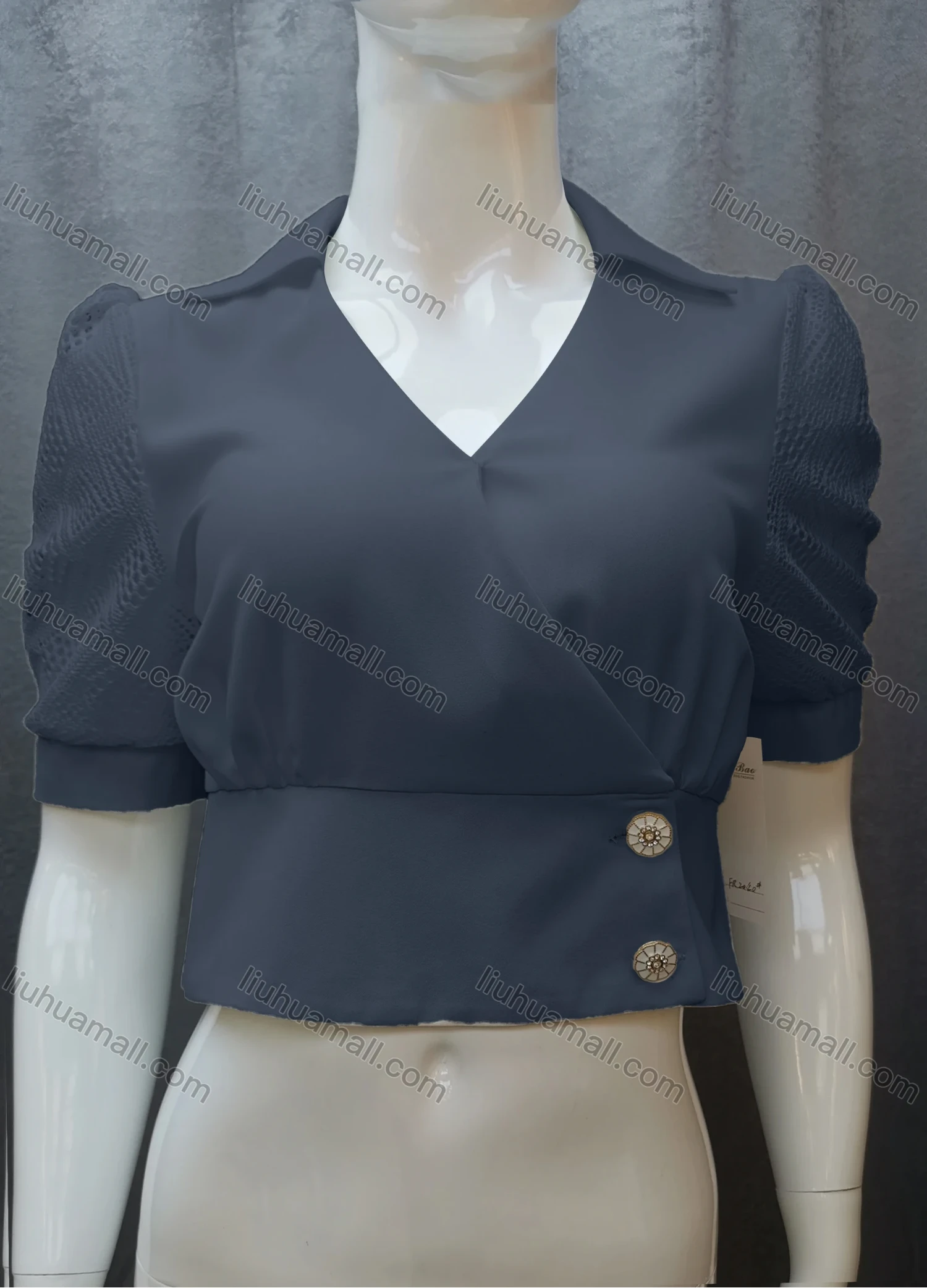 Wholesale Women's Casual Plain Guipure Lace Ruched Collared Button Front Crop Blouse FR2040# - Liuhuamall