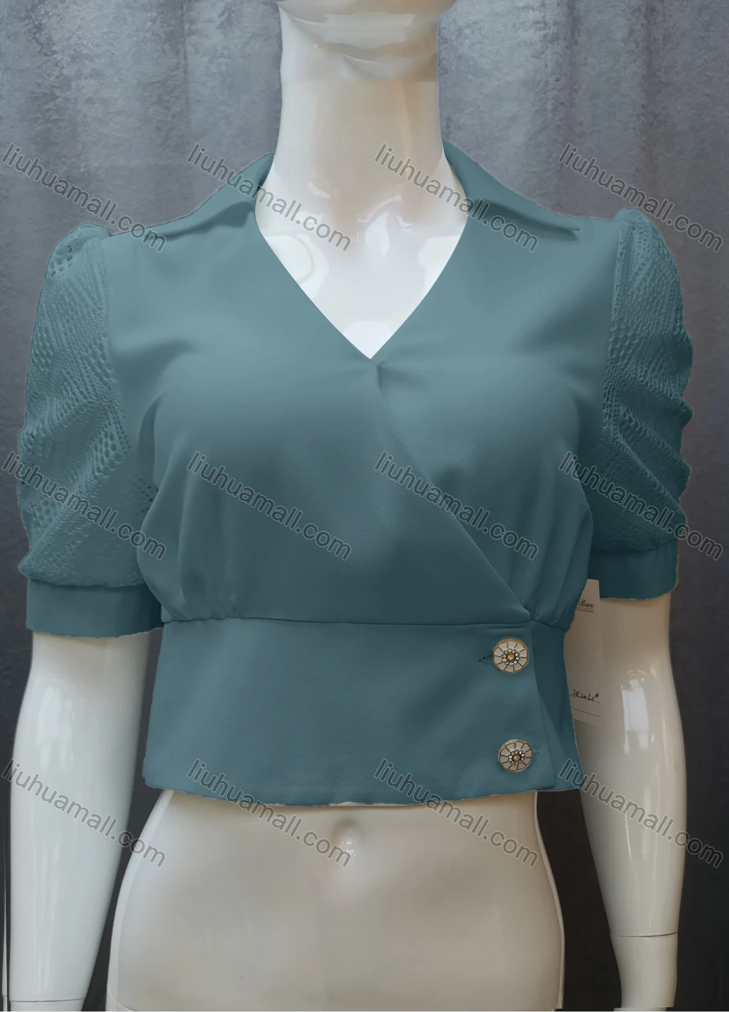 Wholesale Women's Casual Plain Guipure Lace Ruched Collared Button Front Crop Blouse FR2040# - Liuhuamall