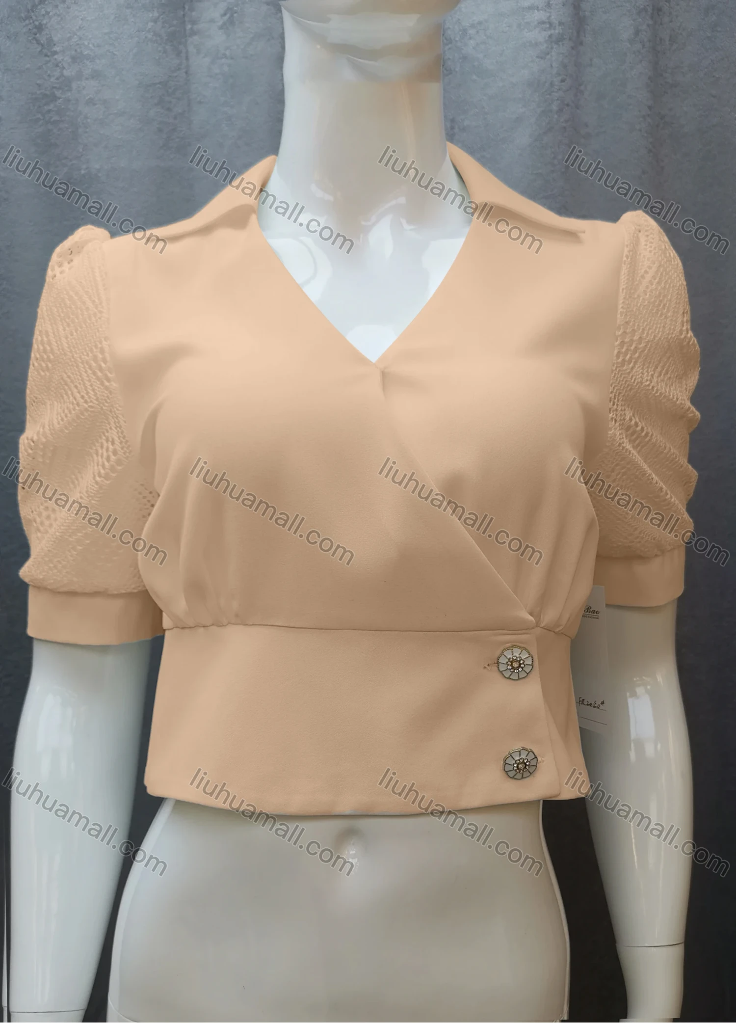 Wholesale Women's Casual Plain Guipure Lace Ruched Collared Button Front Crop Blouse FR2040# - Liuhuamall
