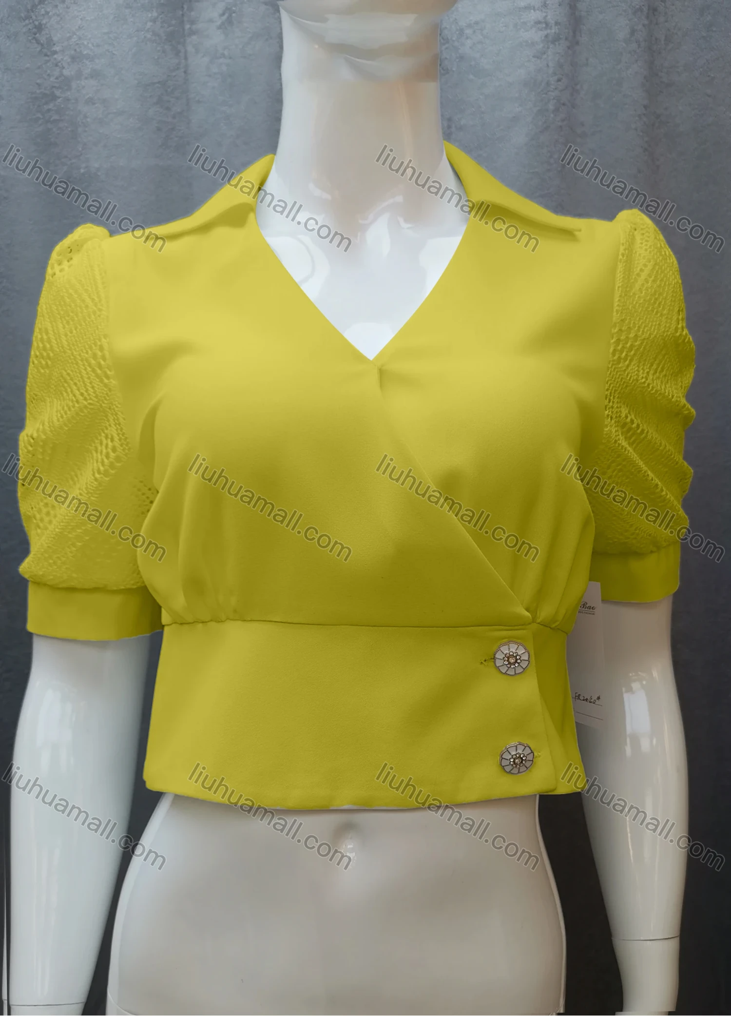 Wholesale Women's Casual Plain Guipure Lace Ruched Collared Button Front Crop Blouse FR2040# - Liuhuamall