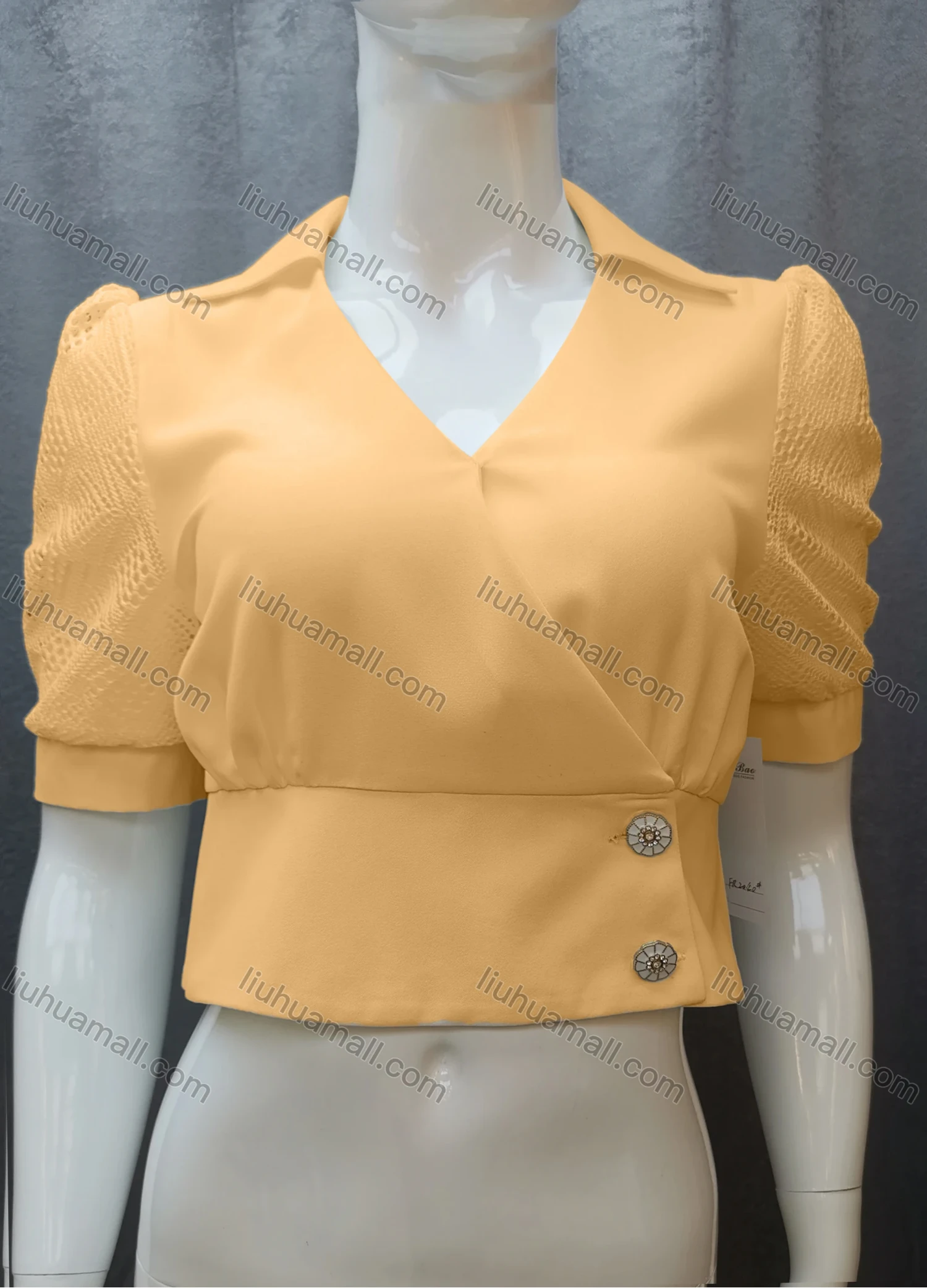 Wholesale Women's Casual Plain Guipure Lace Ruched Collared Button Front Crop Blouse FR2040# - Liuhuamall