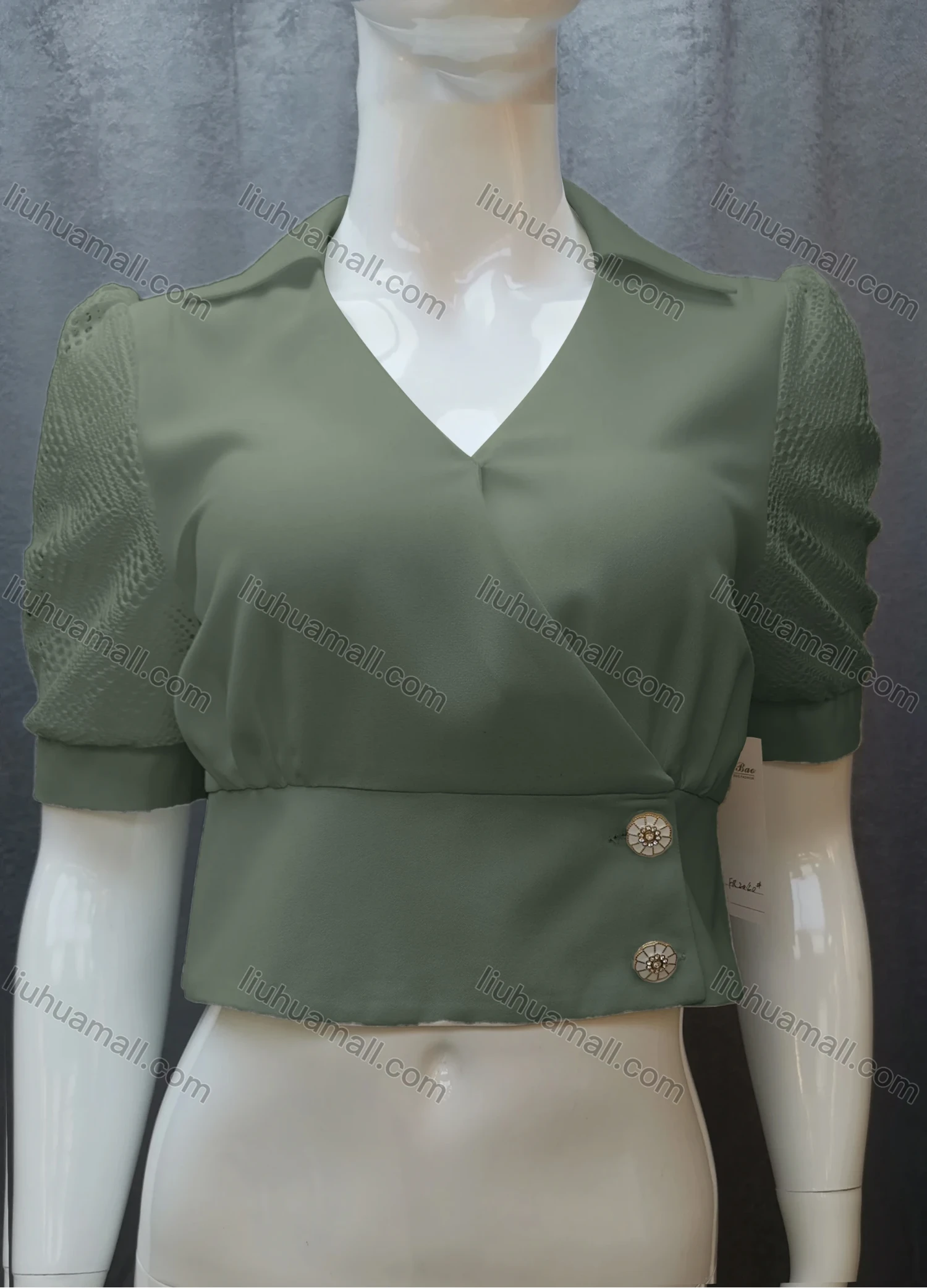 Wholesale Women's Casual Plain Guipure Lace Ruched Collared Button Front Crop Blouse FR2040# - Liuhuamall