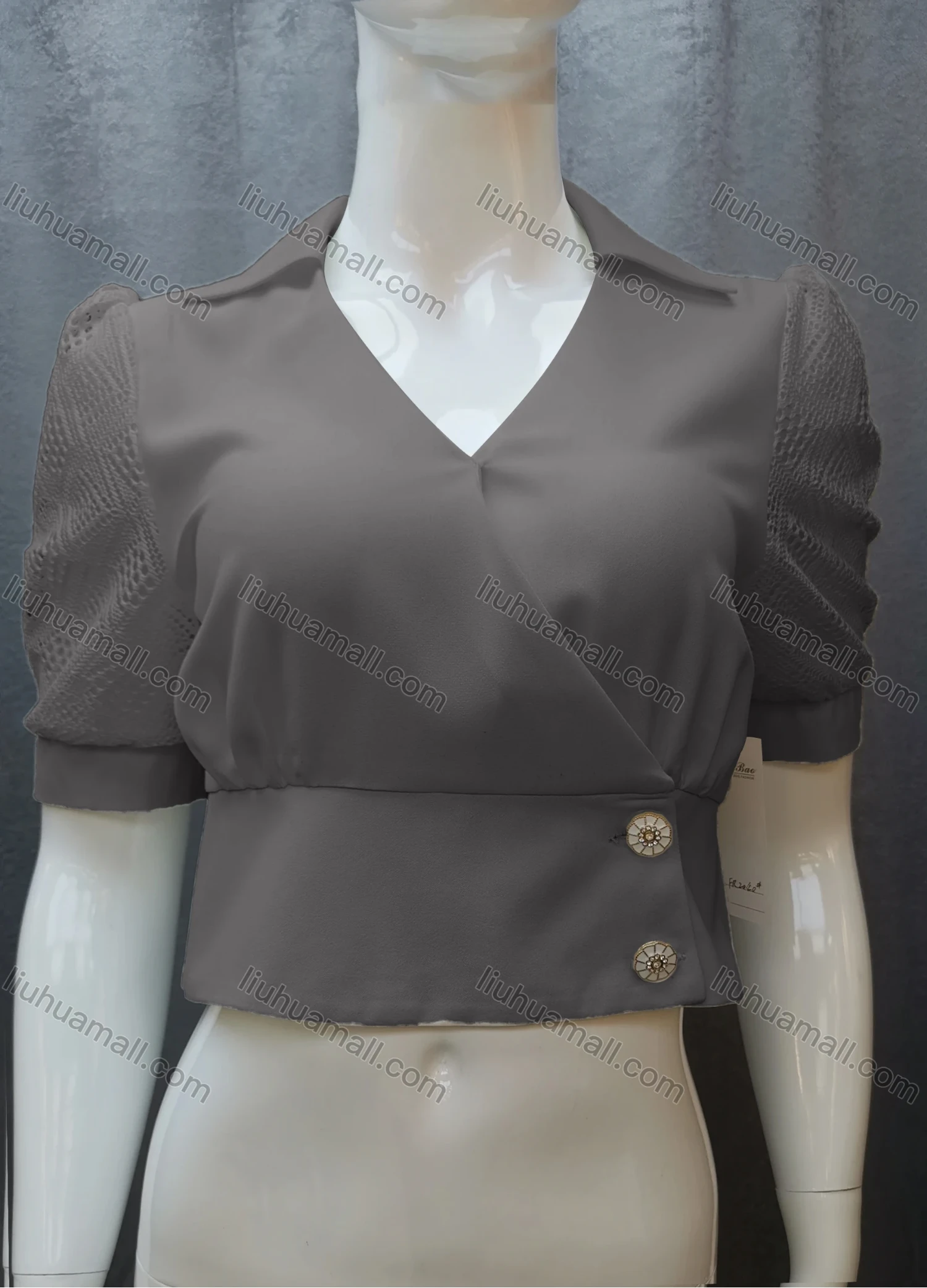 Wholesale Women's Casual Plain Guipure Lace Ruched Collared Button Front Crop Blouse FR2040# - Liuhuamall