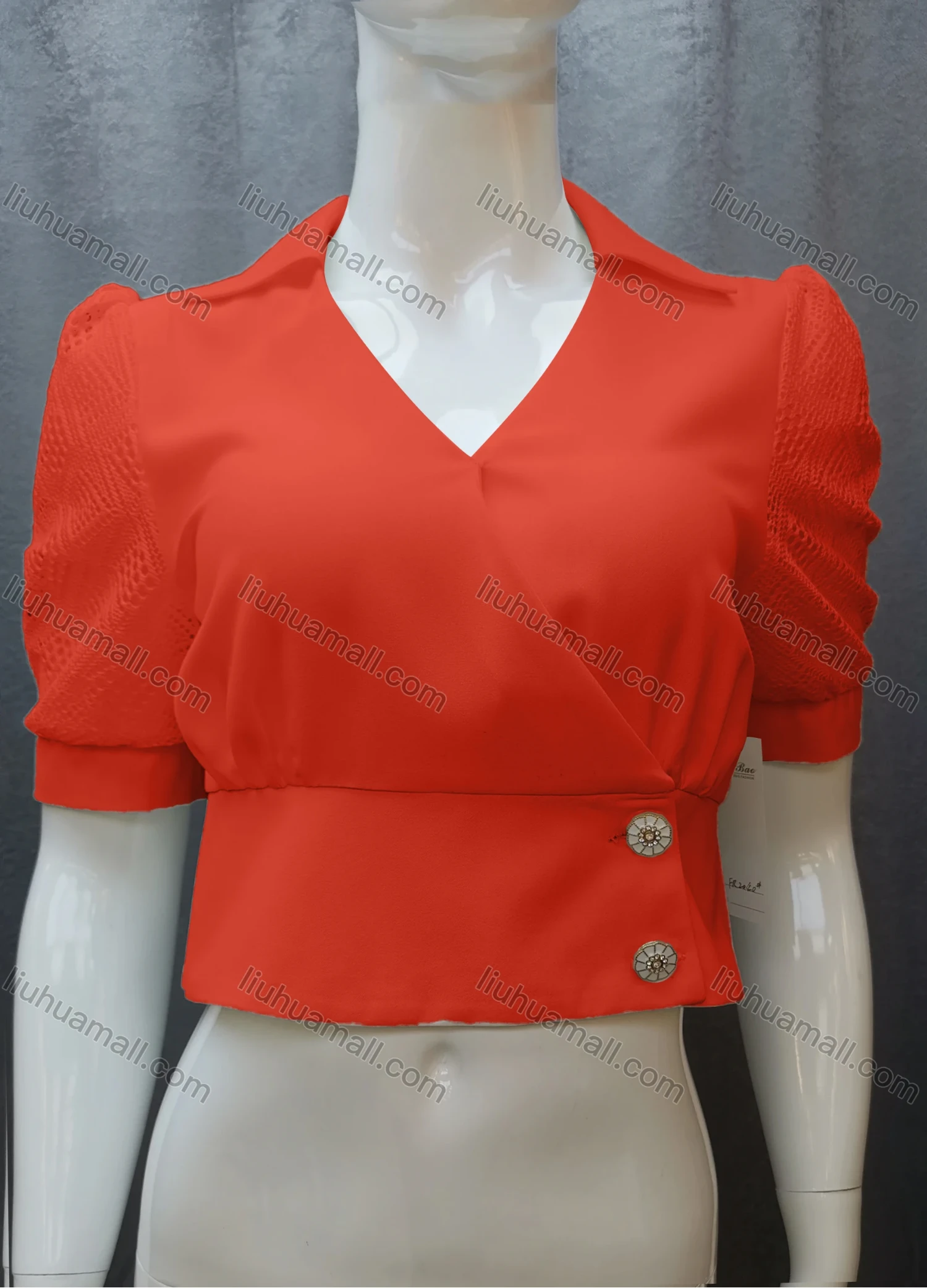 Wholesale Women's Casual Plain Guipure Lace Ruched Collared Button Front Crop Blouse FR2040# - Liuhuamall