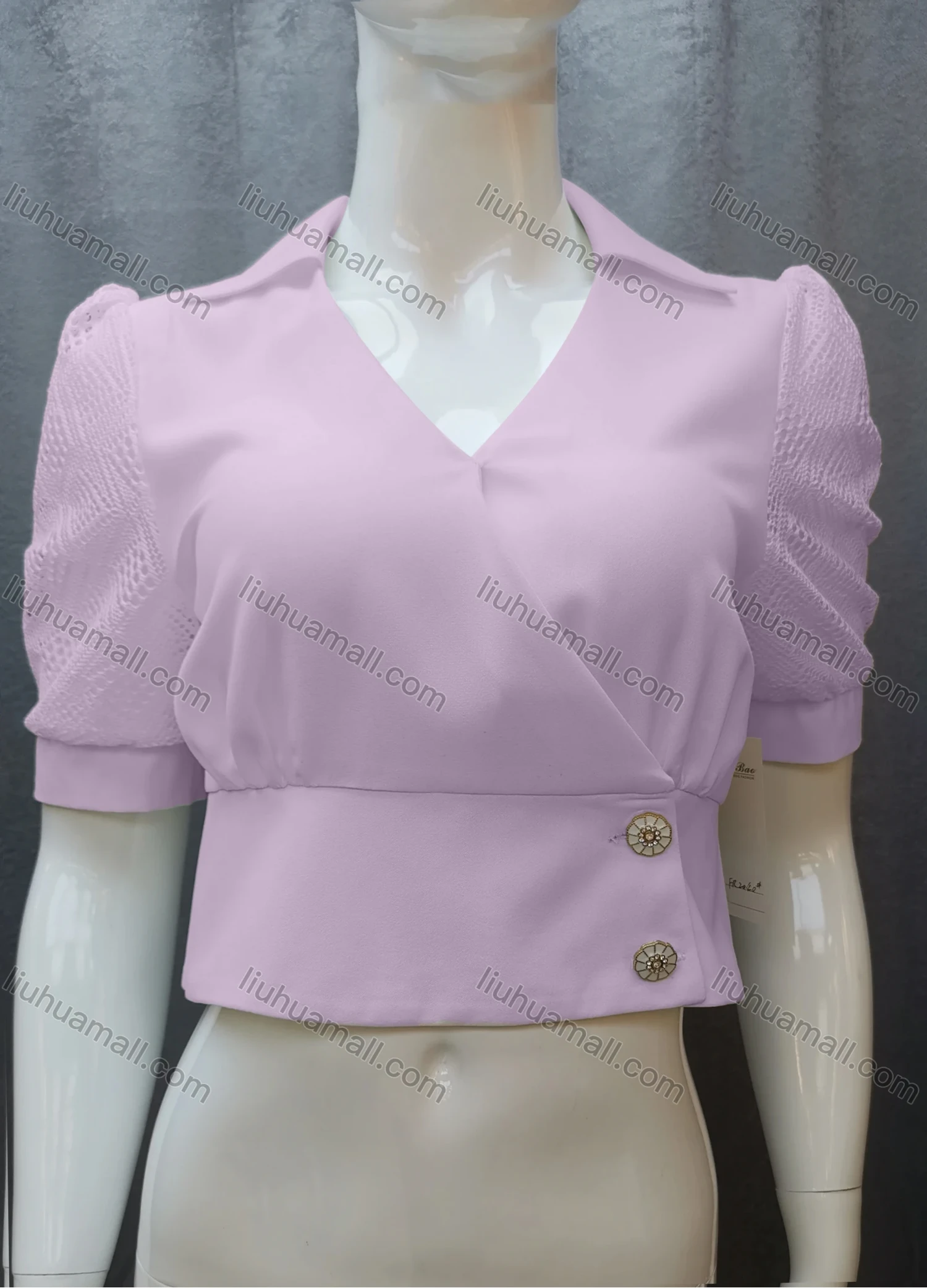 Wholesale Women's Casual Plain Guipure Lace Ruched Collared Button Front Crop Blouse FR2040# - Liuhuamall