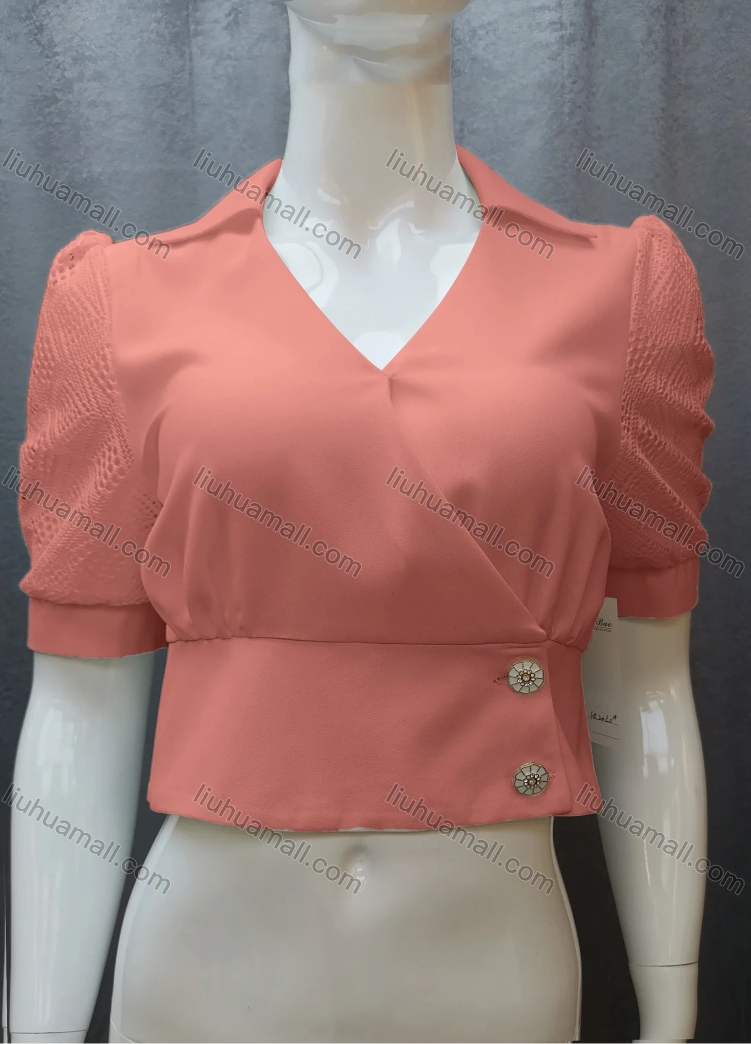 Wholesale Women's Casual Plain Guipure Lace Ruched Collared Button Front Crop Blouse FR2040# - Liuhuamall