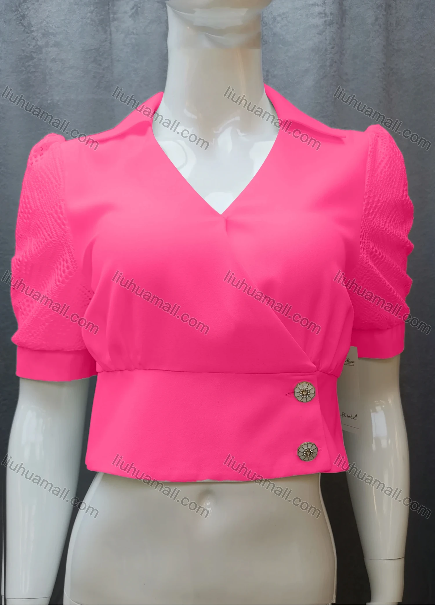 Wholesale Women's Casual Plain Guipure Lace Ruched Collared Button Front Crop Blouse FR2040# - Liuhuamall