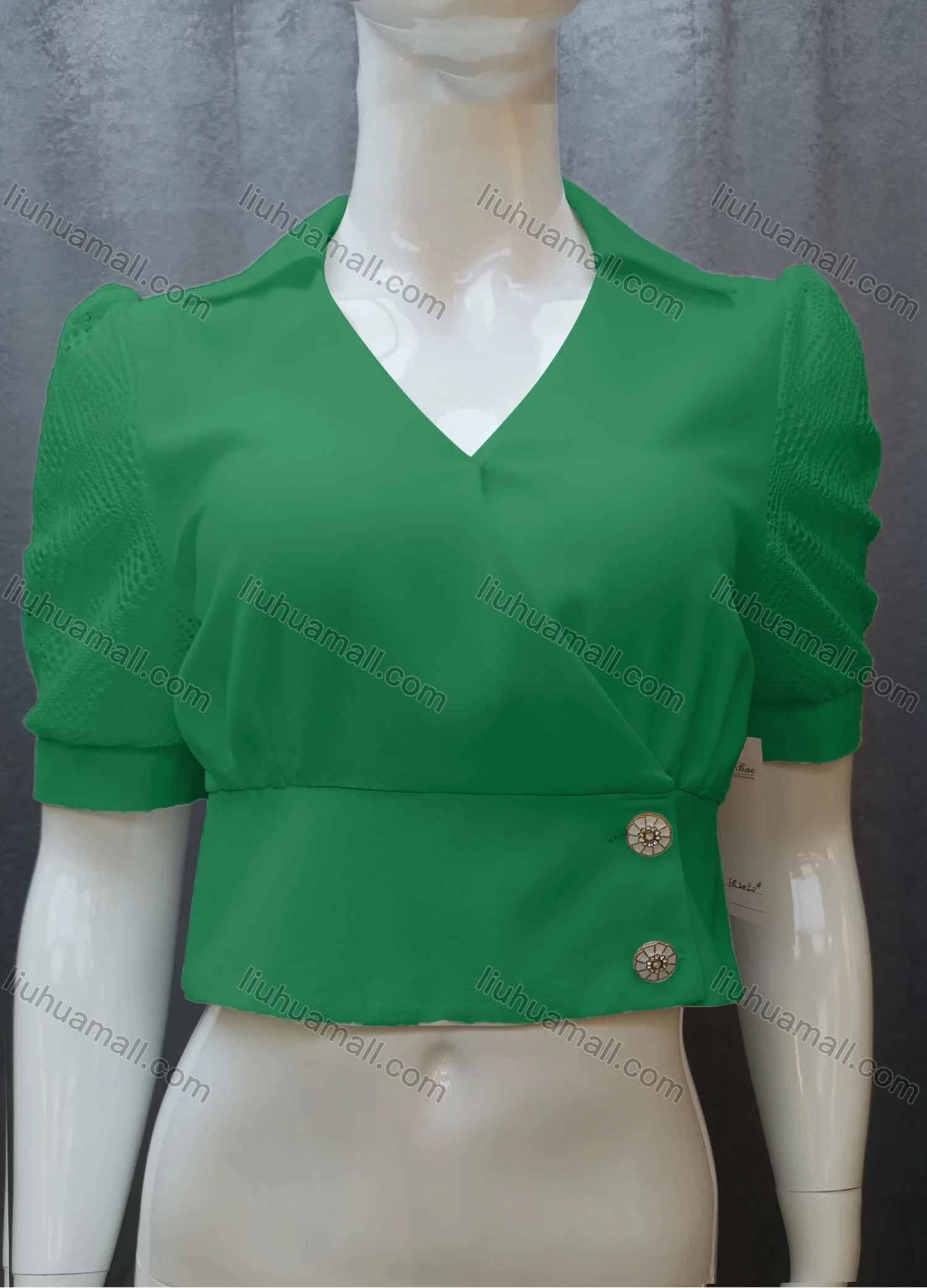 Wholesale Women's Casual Plain Guipure Lace Ruched Collared Button Front Crop Blouse FR2040# - Liuhuamall