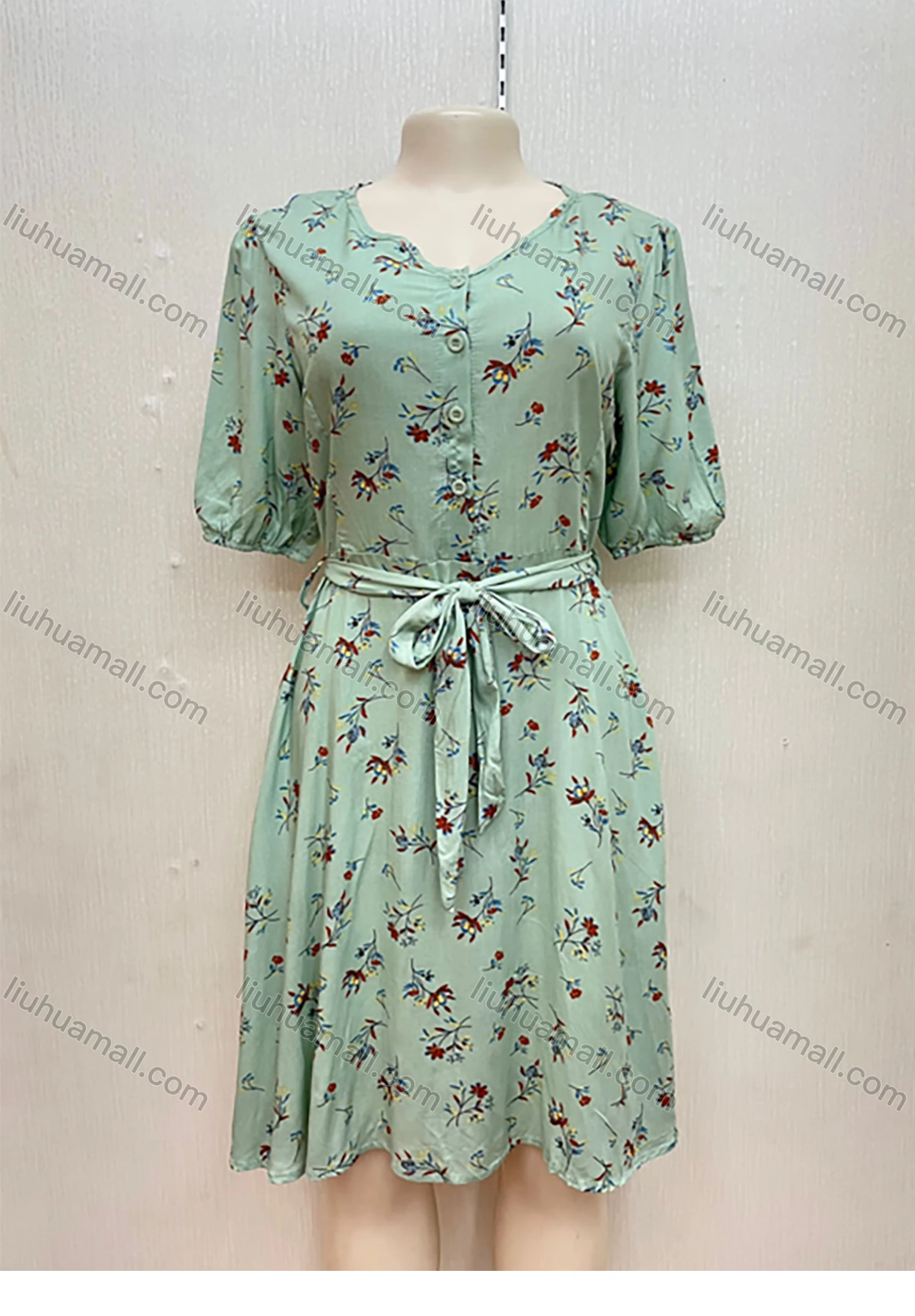 Wholesale Women's Casual Round Neck Buttons Front Floral Print Puff Sleeve Short Dress With Belt - Liuhuamall