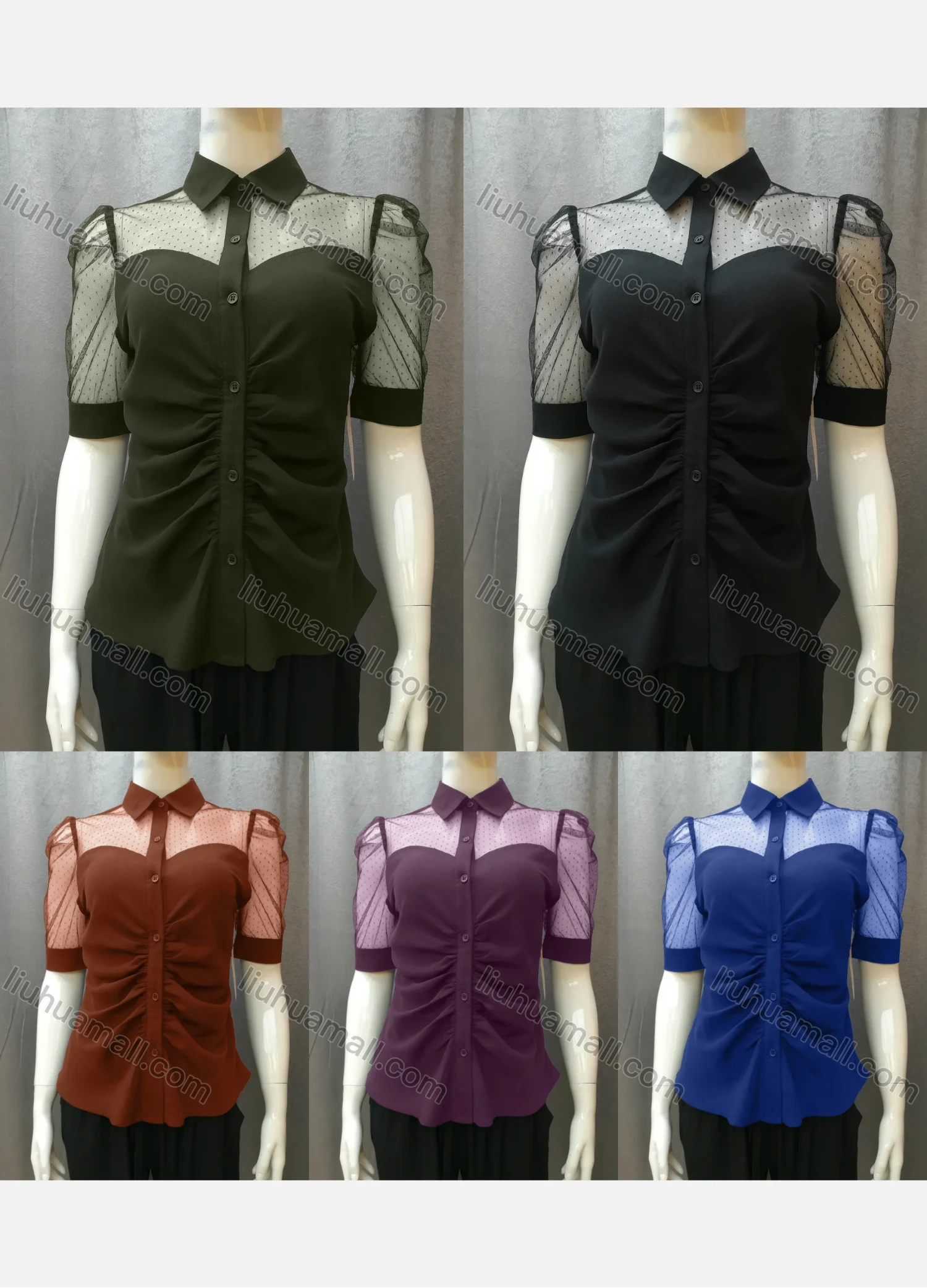 Wholesale Women's Casual Ruched Pin Dot Splicing Plain Collared Button Down Blouse FR2044# - Liuhuamall