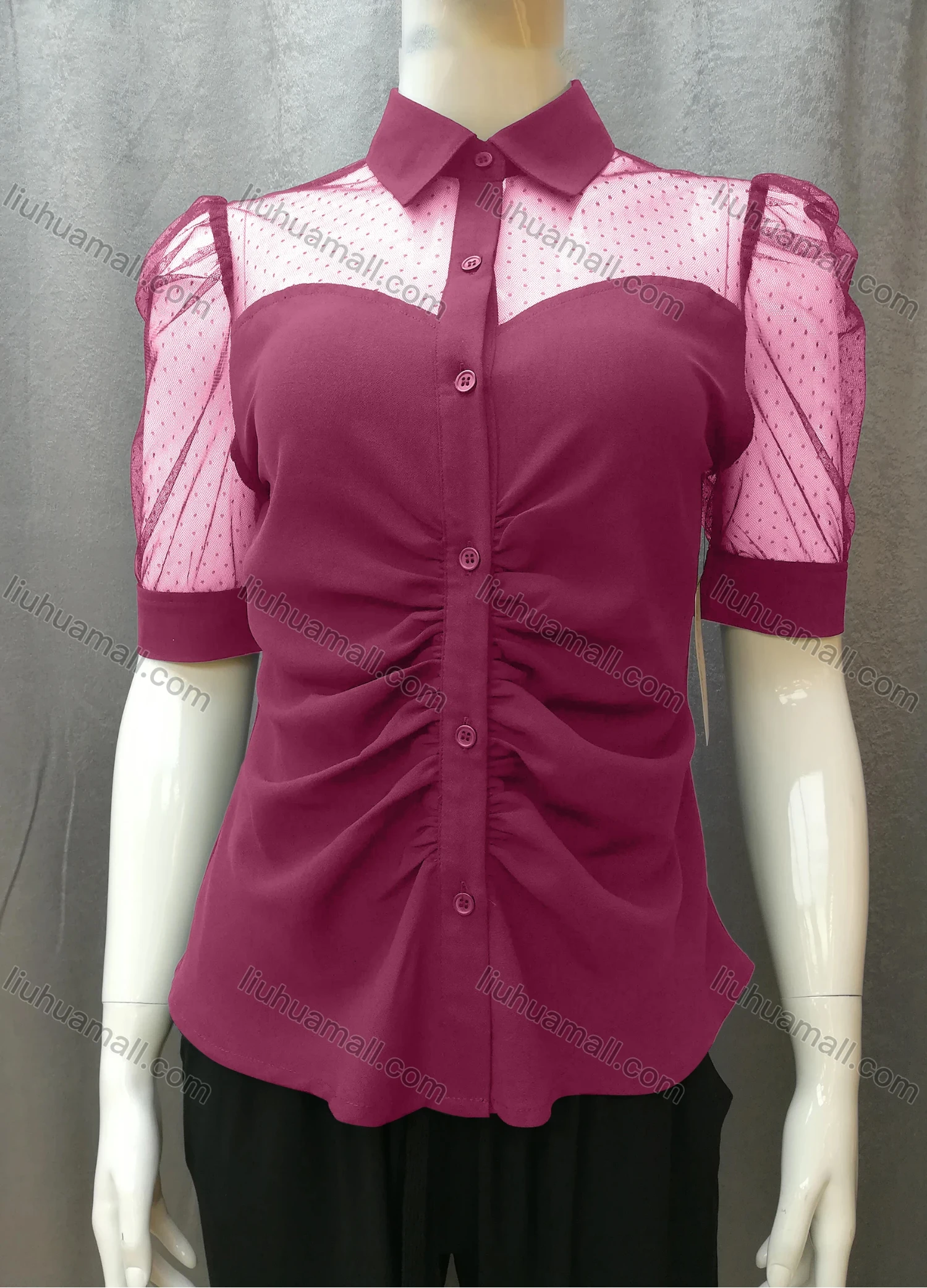 Wholesale Women's Casual Ruched Pin Dot Splicing Plain Collared Button Down Blouse FR2044# - Liuhuamall