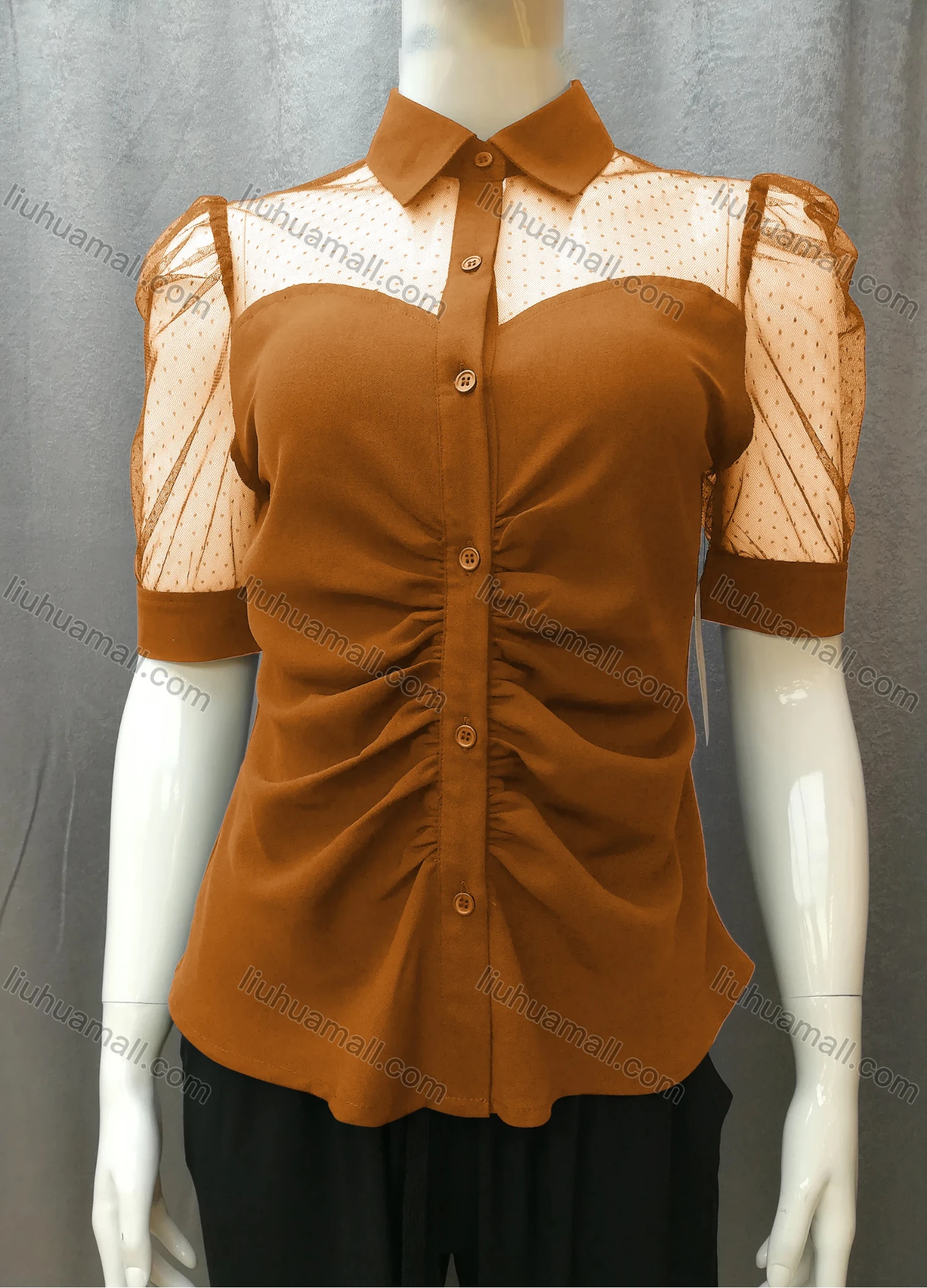 Wholesale Women's Casual Ruched Pin Dot Splicing Plain Collared Button Down Blouse FR2044# - Liuhuamall