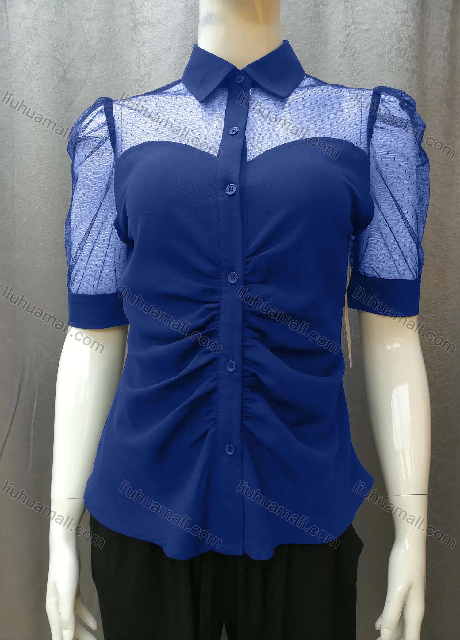 Wholesale Women's Casual Ruched Pin Dot Splicing Plain Collared Button Down Blouse FR2044# - Liuhuamall