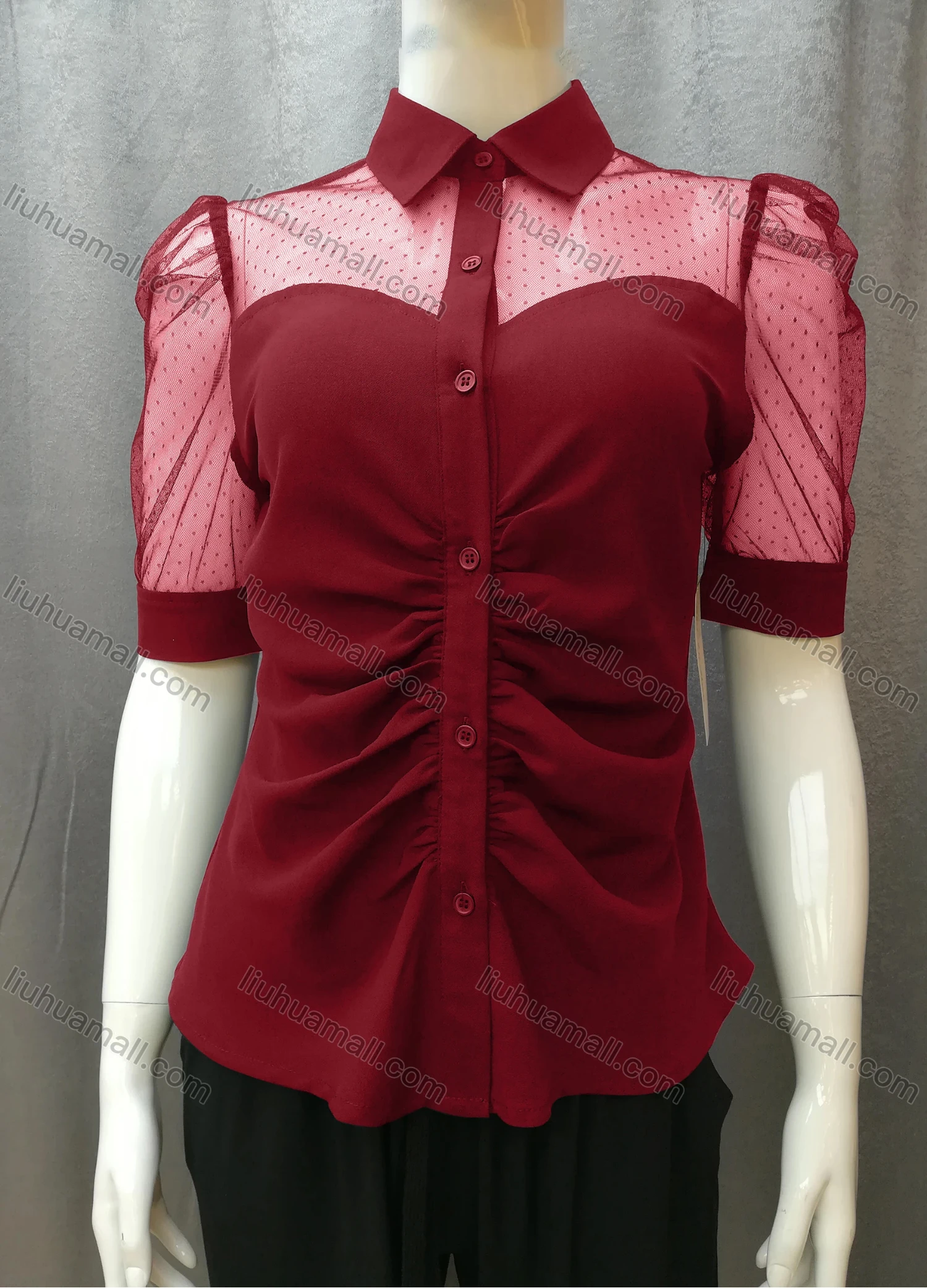 Wholesale Women's Casual Ruched Pin Dot Splicing Plain Collared Button Down Blouse FR2044# - Liuhuamall